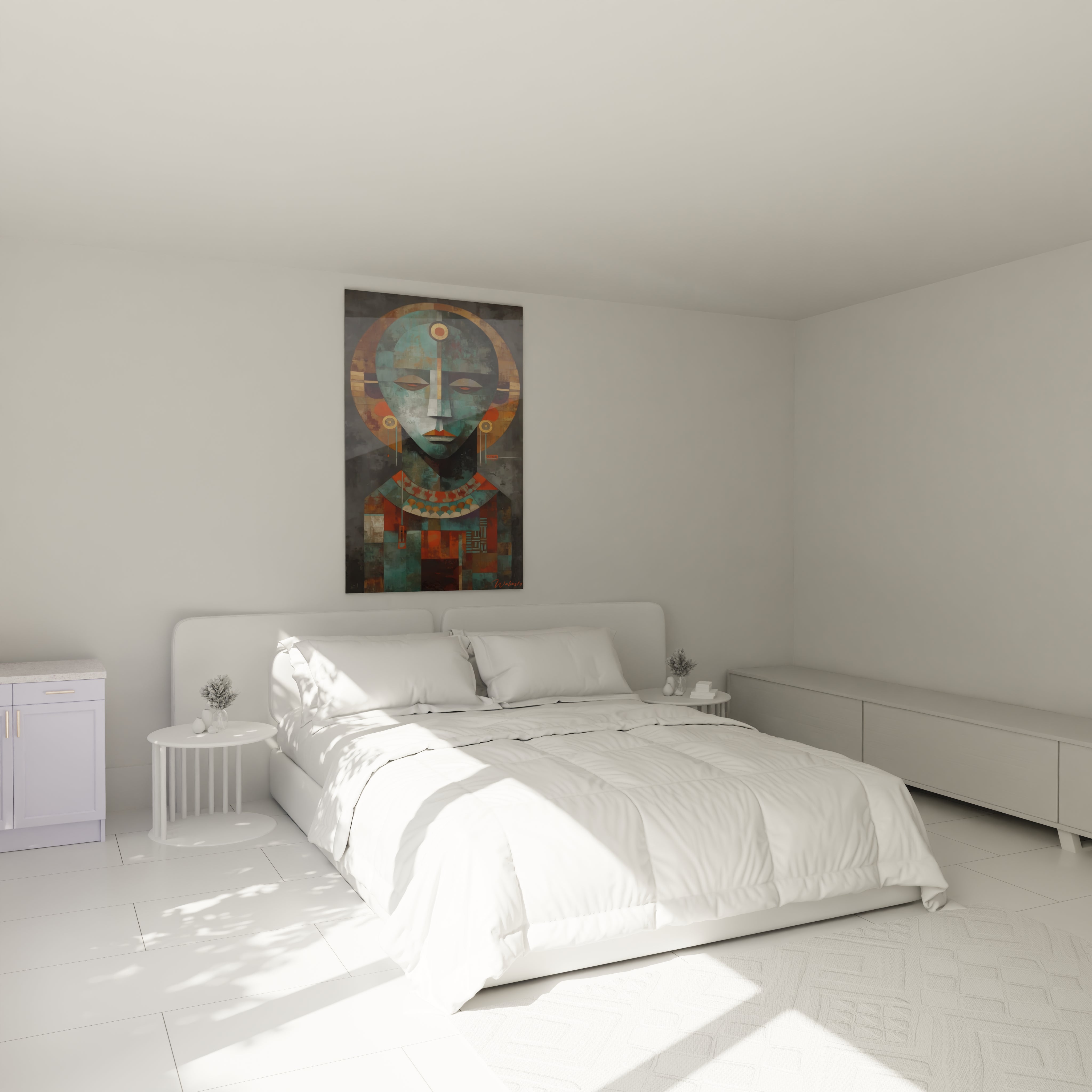 Tableau mural Walensky au dessus d un lit minimaliste portrait tribal stylise bleu vert orange tableau art tribal contemporain