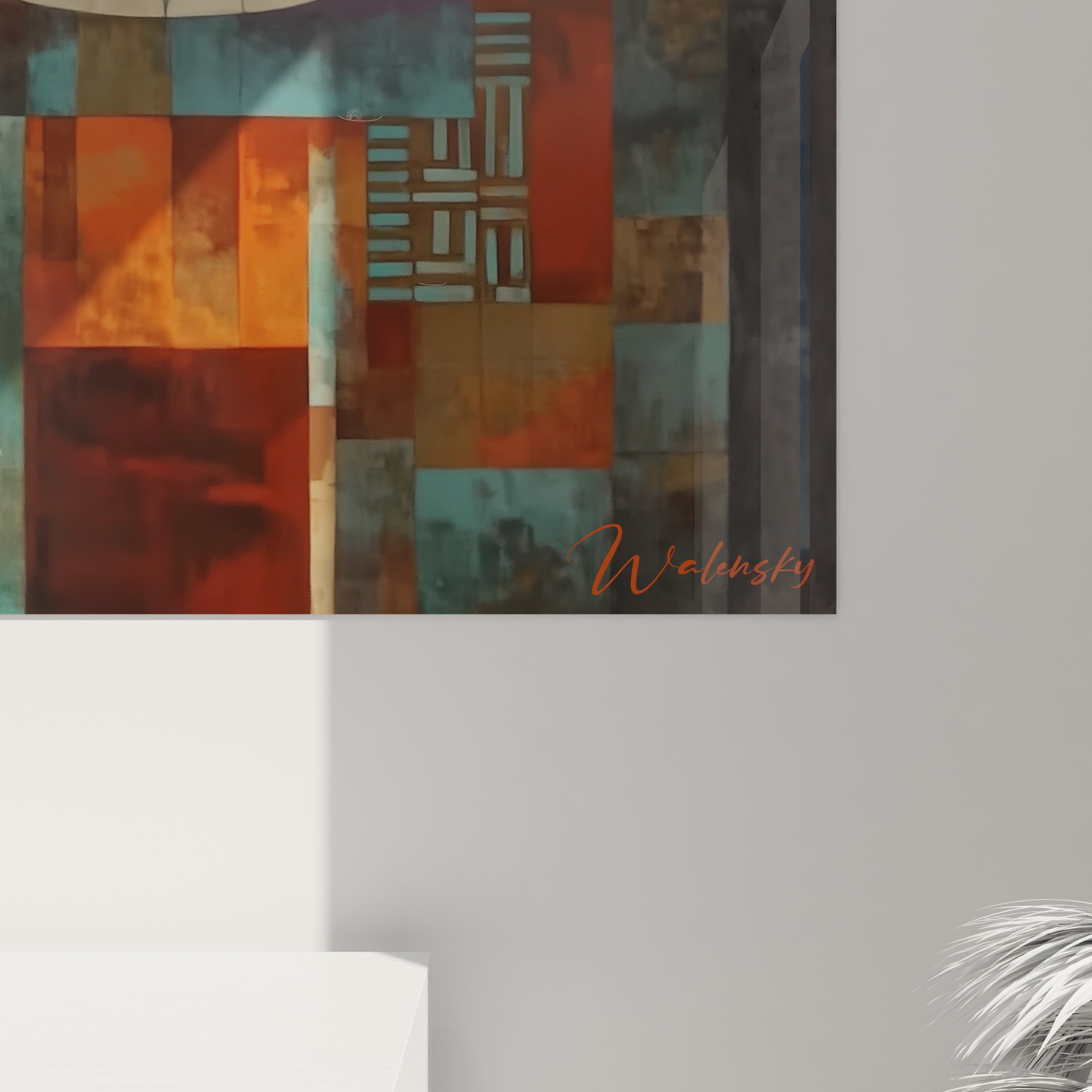 tableau art tribal contemporain Walensky peinture murale abstraite géométrique en tons orange turquoise et brun signé