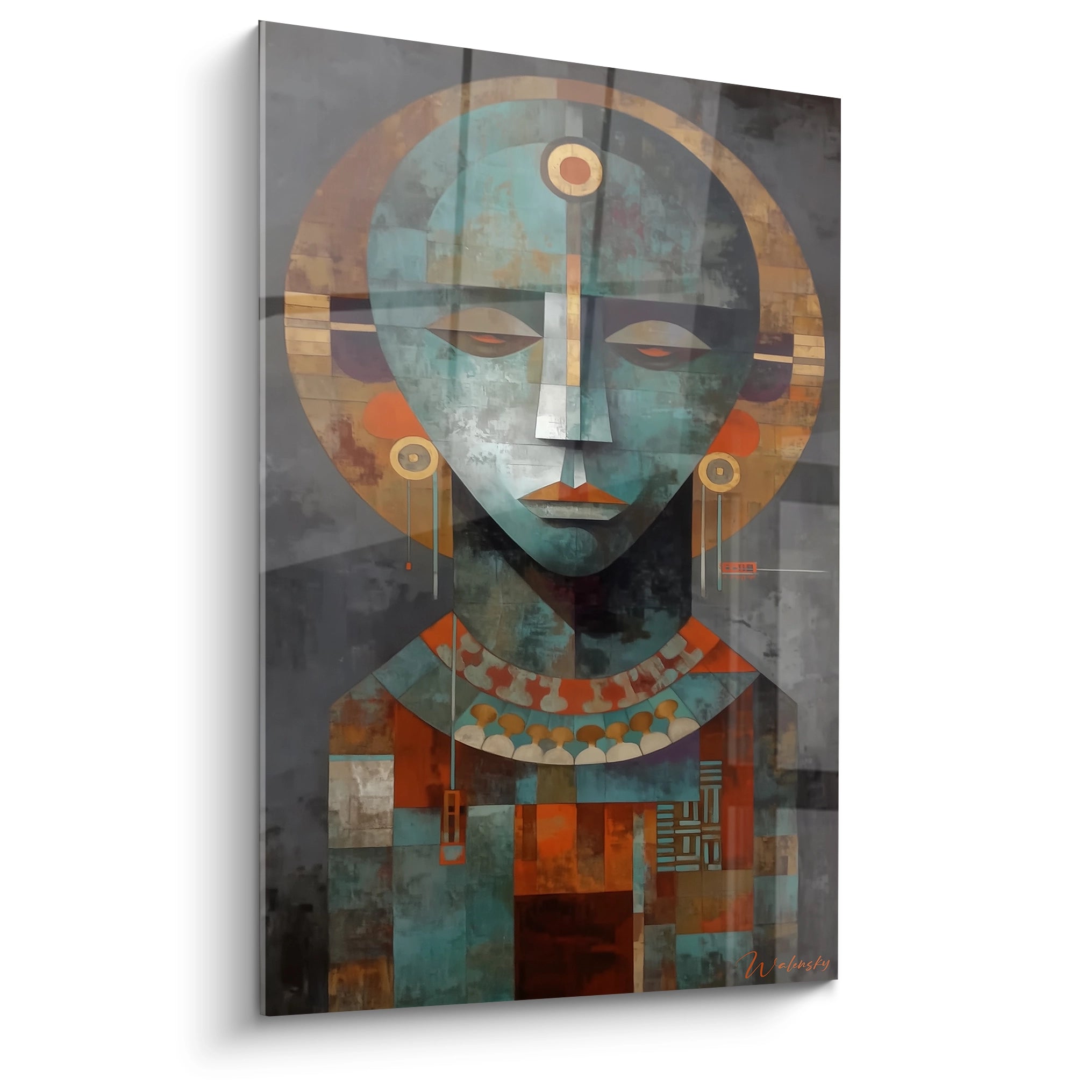 Tableau mural Walensky portrait abstrait masque géométrique en turquoise et rouille tableau art tribal contemporain