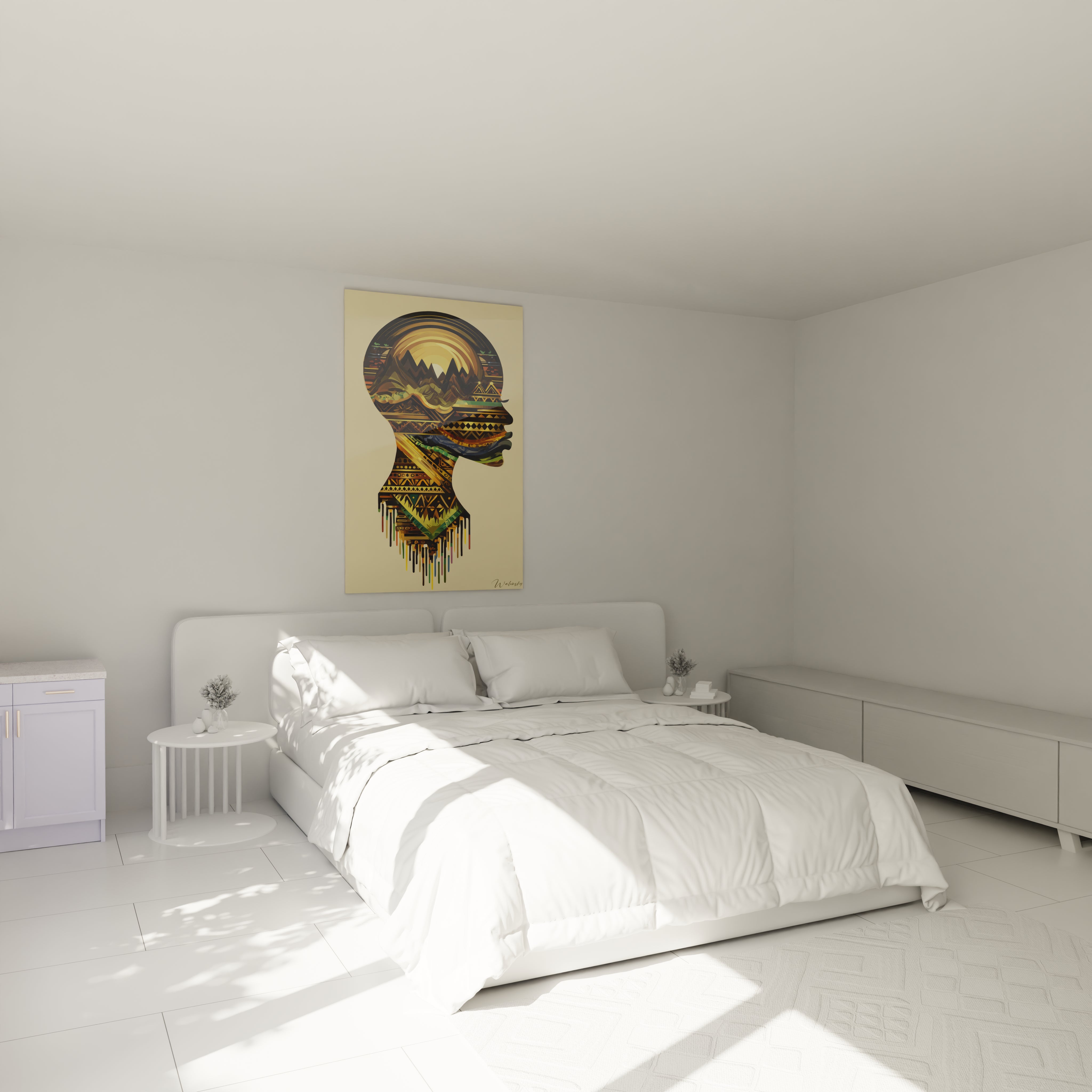 tableau art tribal moderne Walensky accroché au dessous d un lit dans une chambre minimaliste blanche