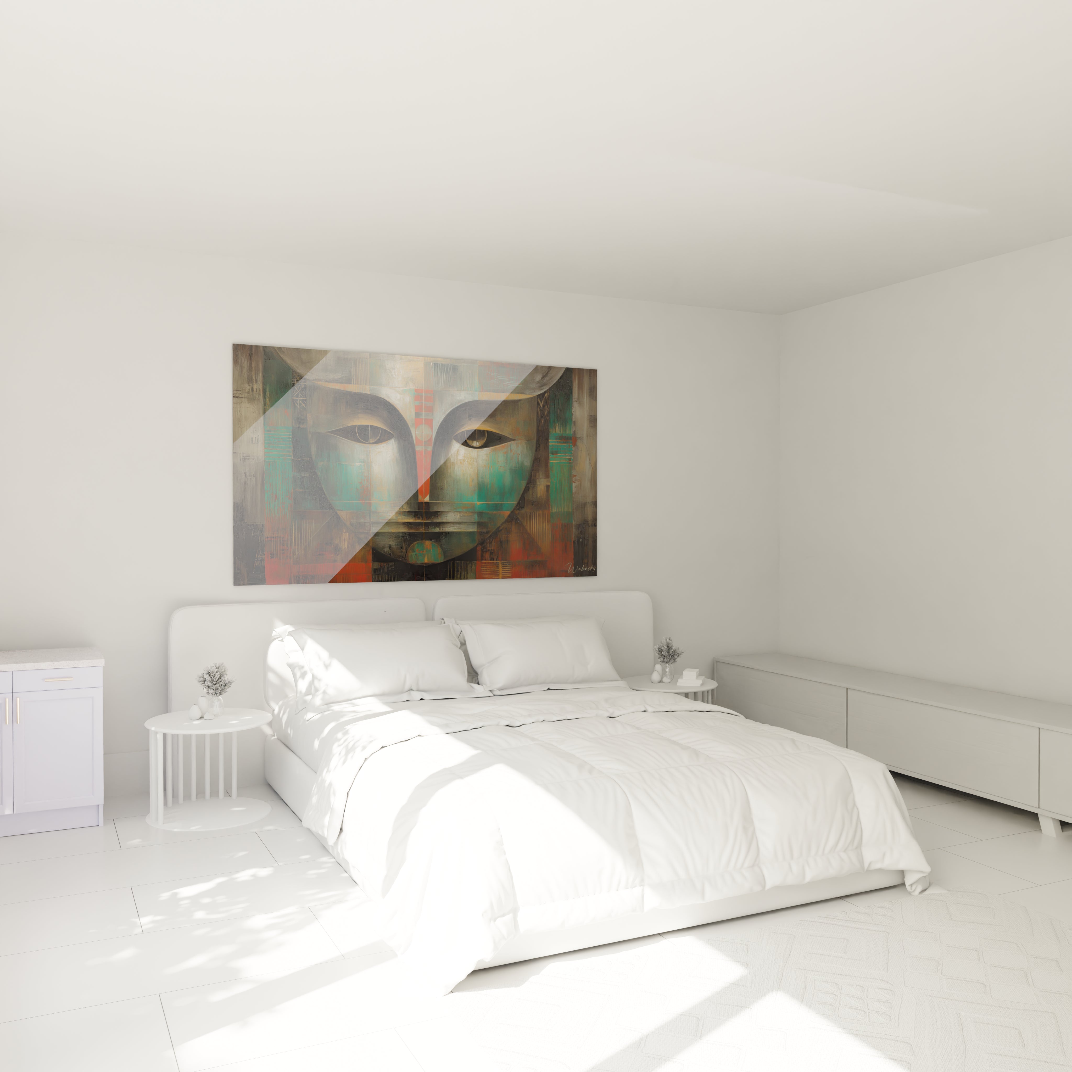 Walensky tableau art tribal visage mural coloré visage stylisé sur fond géométrique au dessus du lit chambre minimaliste