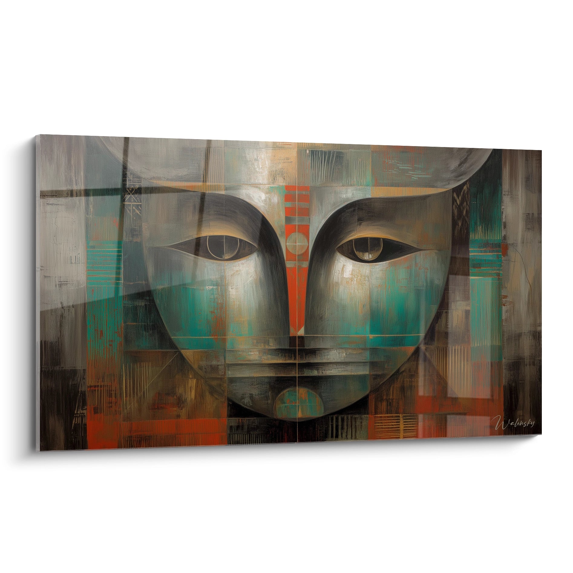 Walensky tableau art tribal visage abstrait grand format visage stylise tons turquoise ocre toile murale panoramique