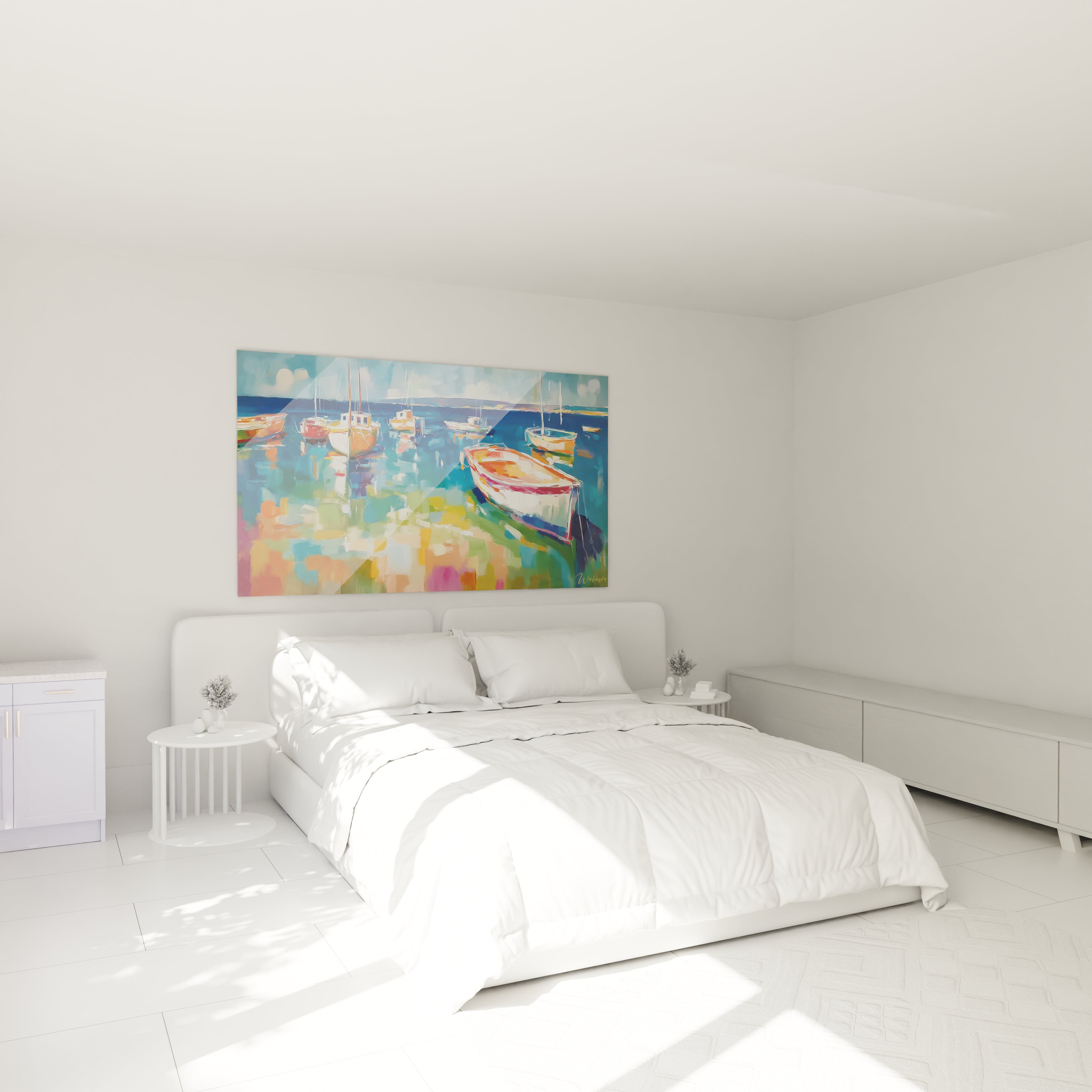 tableau bateaux impressionnisme Walensky peinture murale coloree au dessus d un lit blanc dans une chambre lumineuse