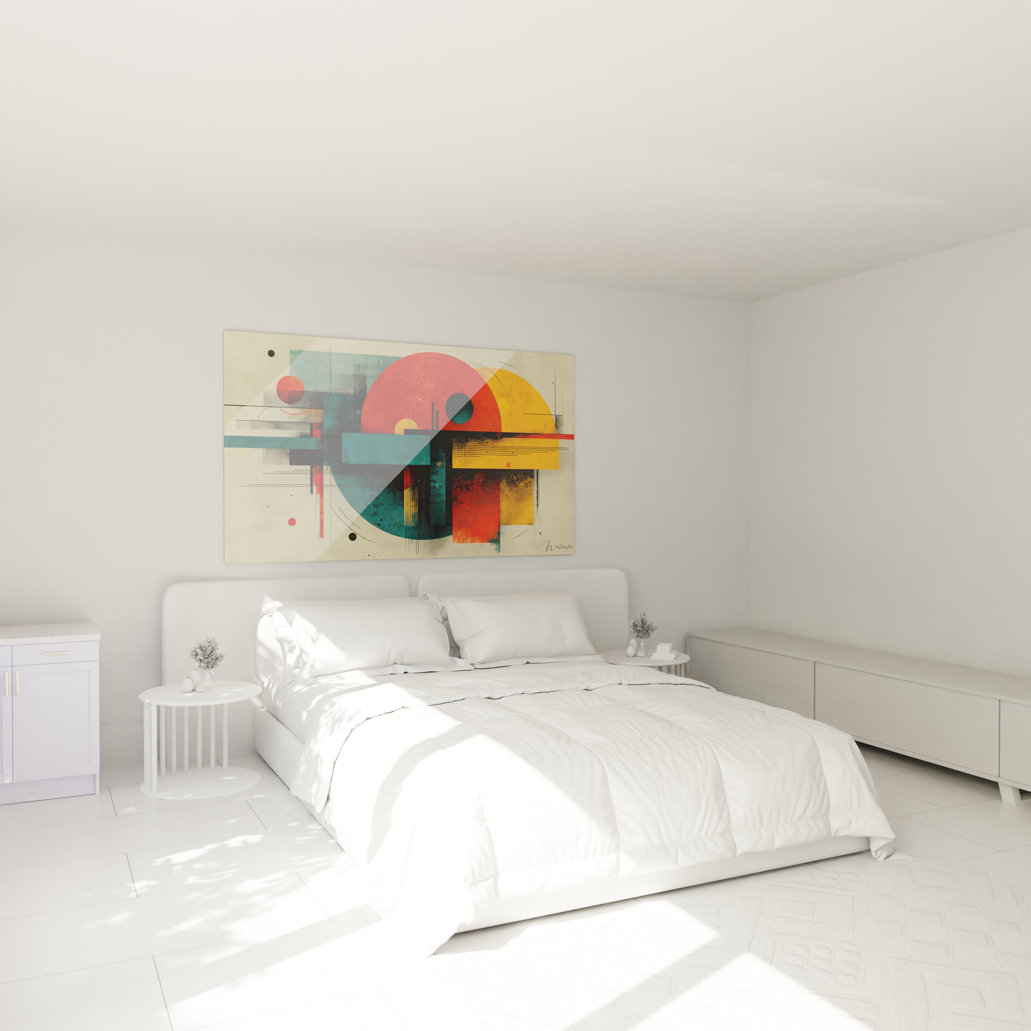tableau Bauhaus formes géométriques Walensky accroché au dessus d un lit blanc minimaliste dans une chambre lumineuse