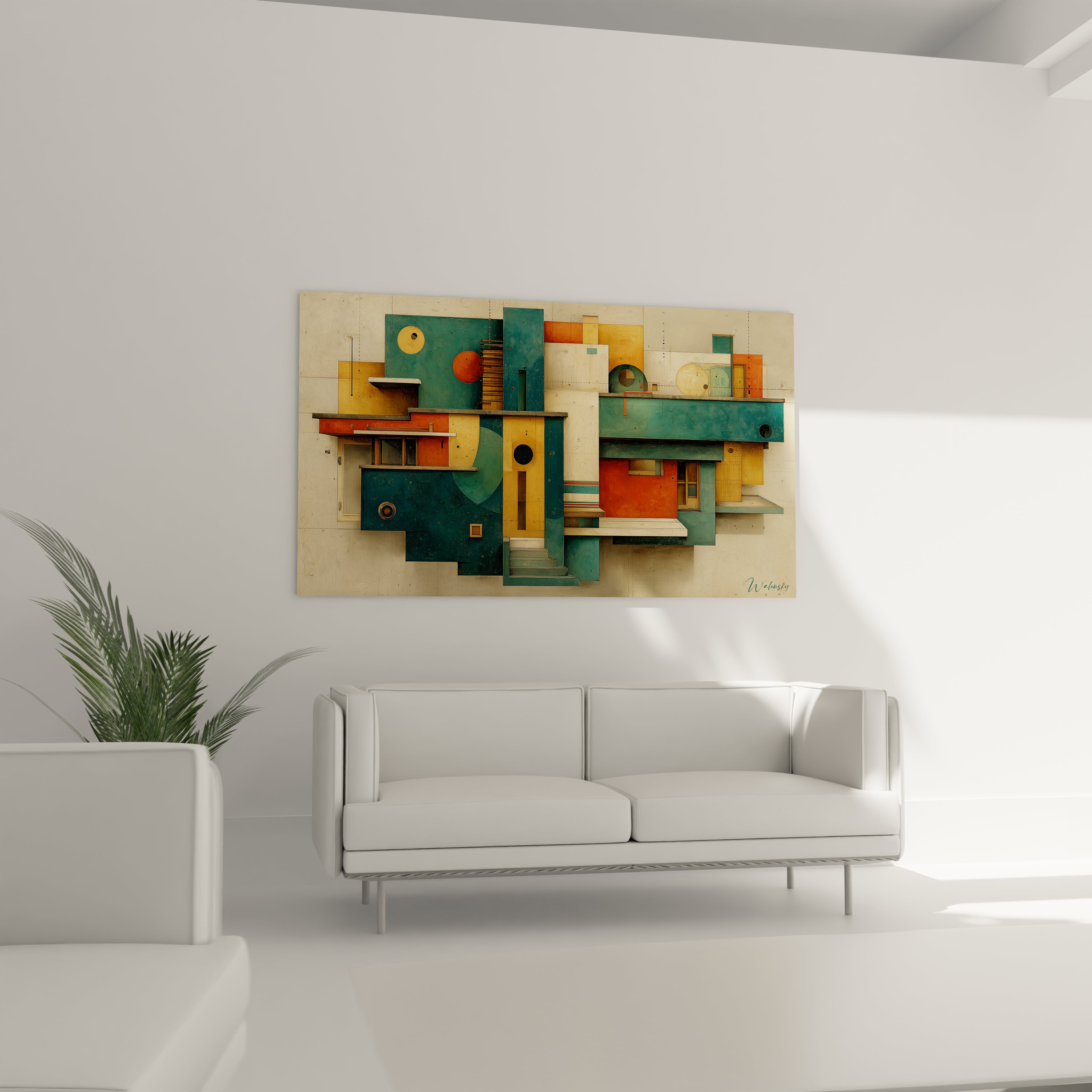 Tableau mural tableau bauhaus géométrique abstrait en bois tons verts jaunes orange suspendu au dessus d un canapé blanc