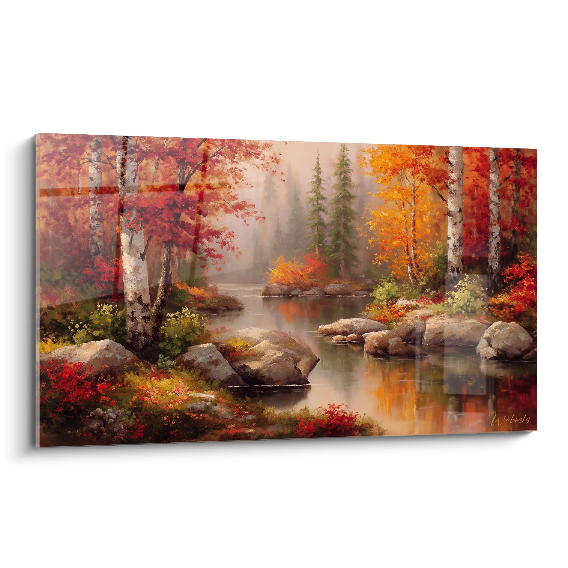 tableau bouleaux automne Walensky paysage mural avec riviere calme rochers reflets arbres aux couleurs chaudes