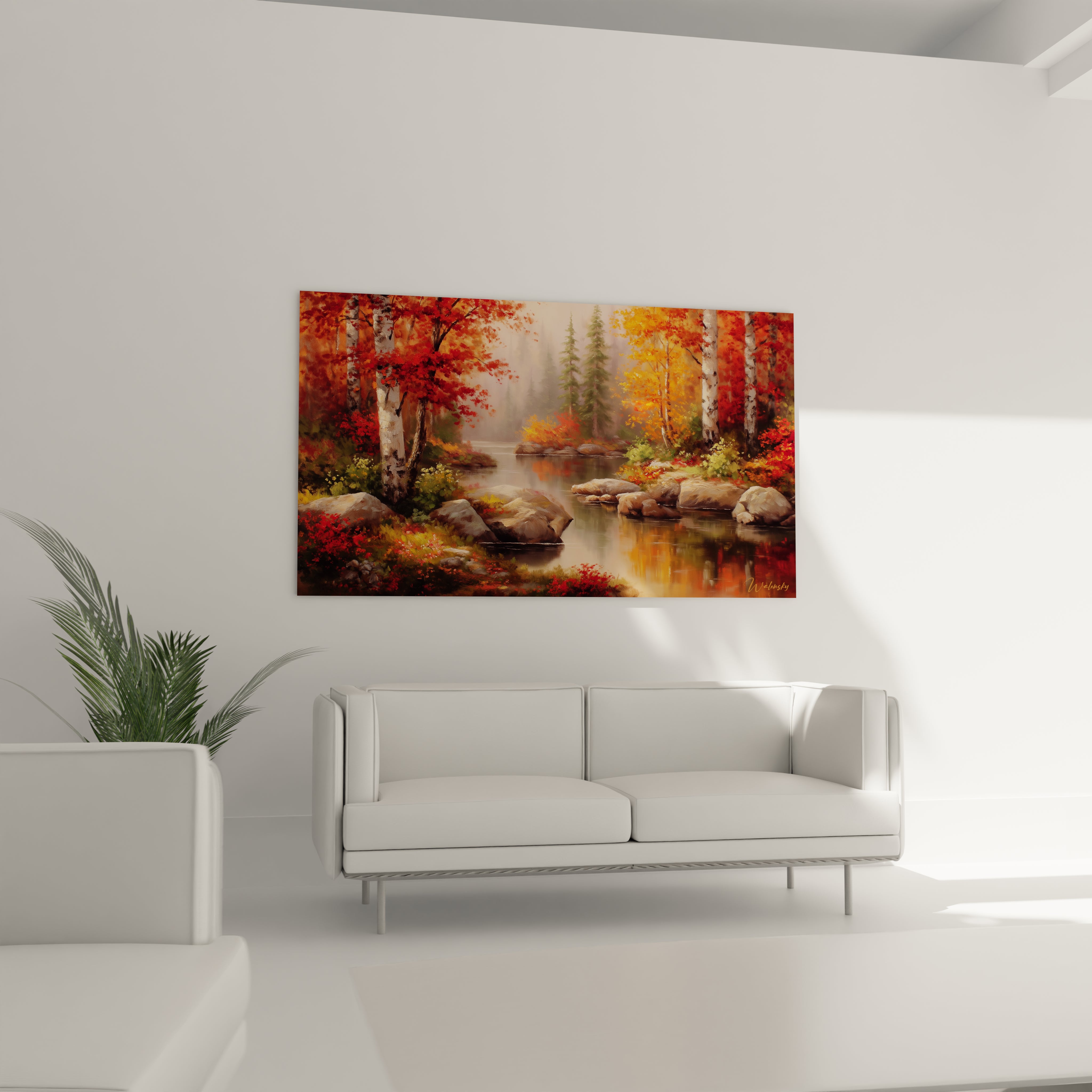 Walensky tableau bouleaux automne paysage peint avec rivière rochers et feuillages rouges accroché au salon