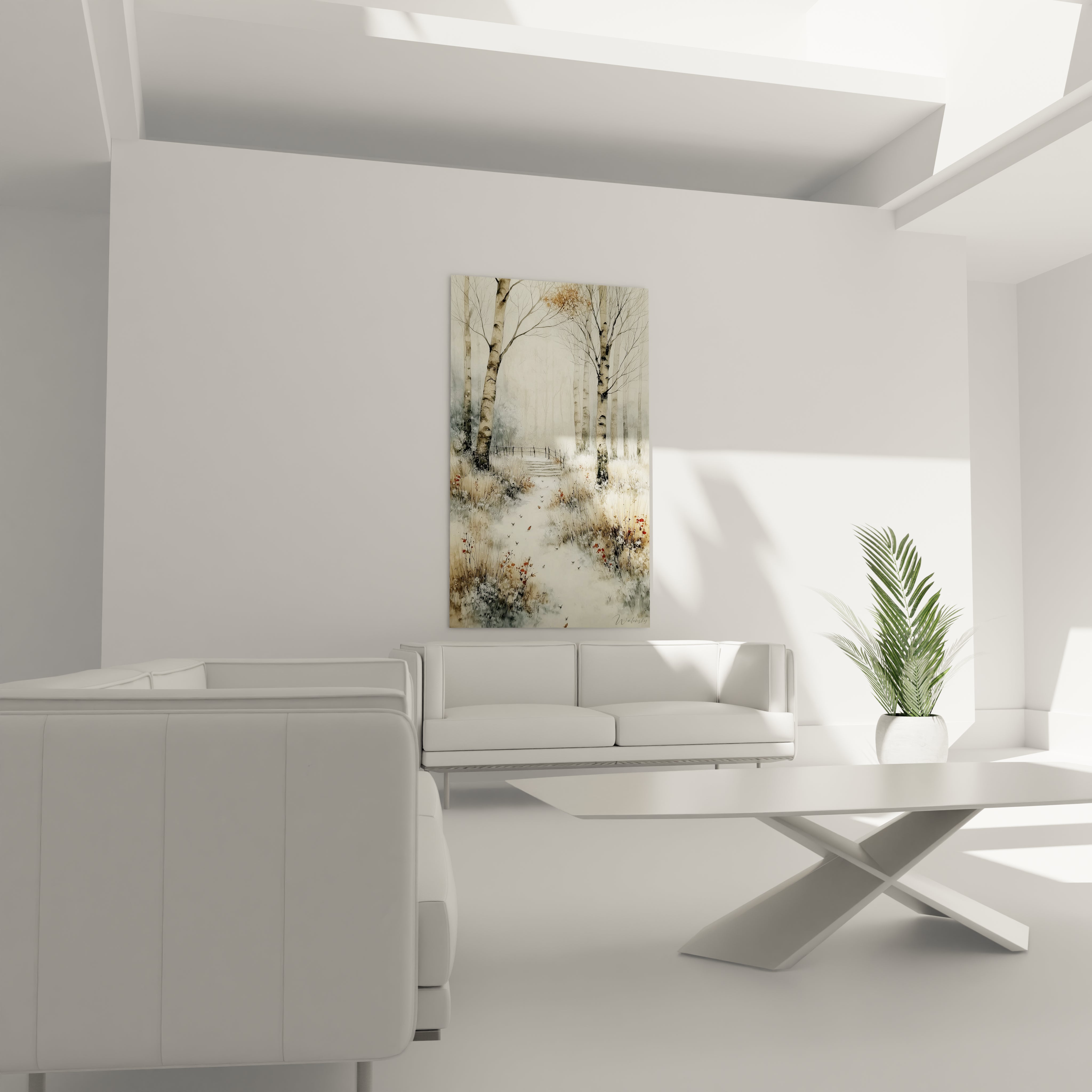 Tableau mural Walensky tableau bouleaux hiver paysage enneigé accroché au dessus d un canapé dans un salon minimaliste lumineux