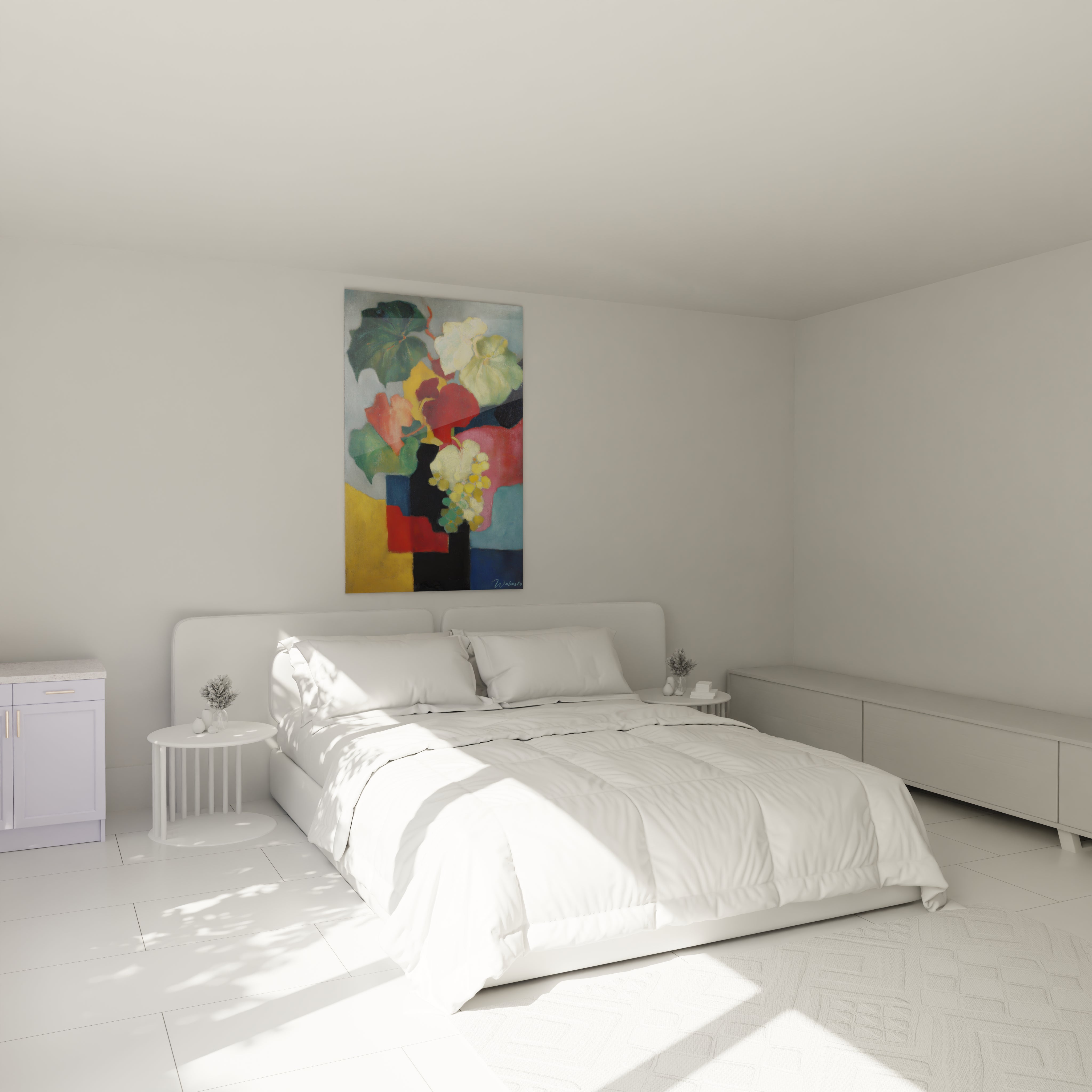 tableau bouquet dadaïsme moderne Walensky accroché au dessus du lit dans une chambre minimaliste aux couleurs vives