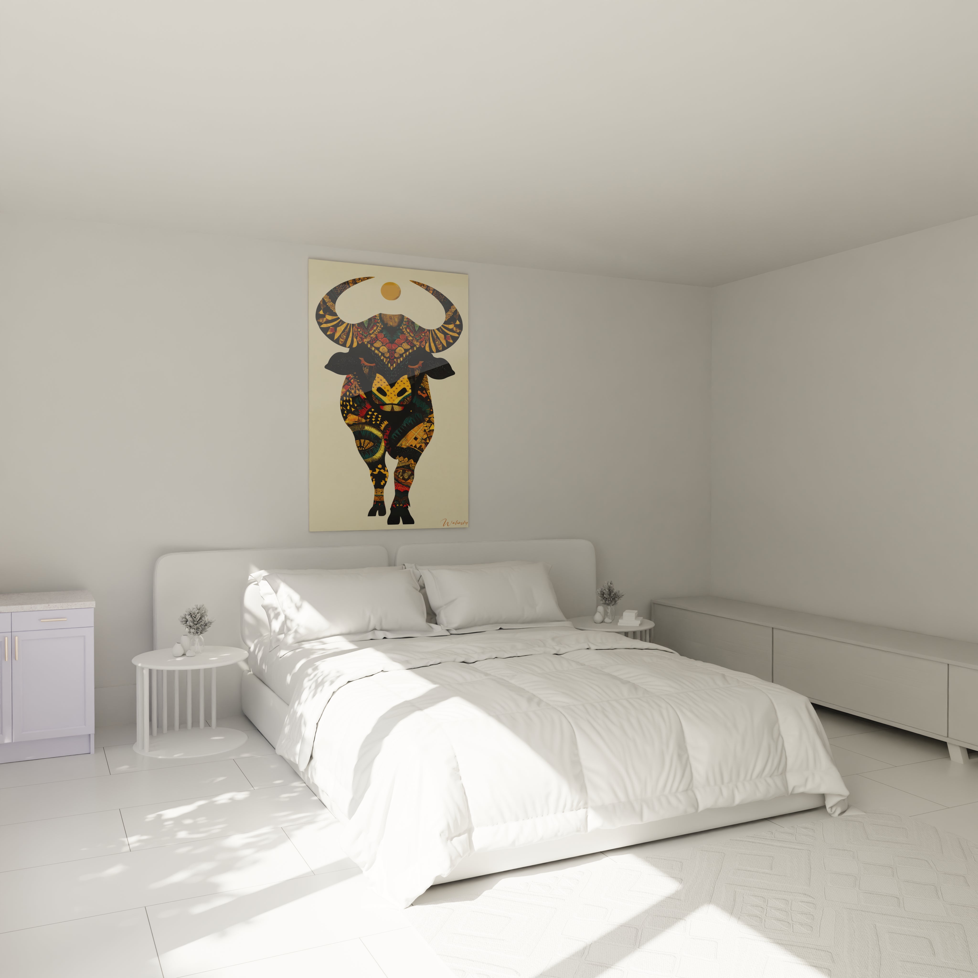 Chambre minimaliste blanche avec cadre Walensky montrant un tableau buffle art tribal au dessus du lit