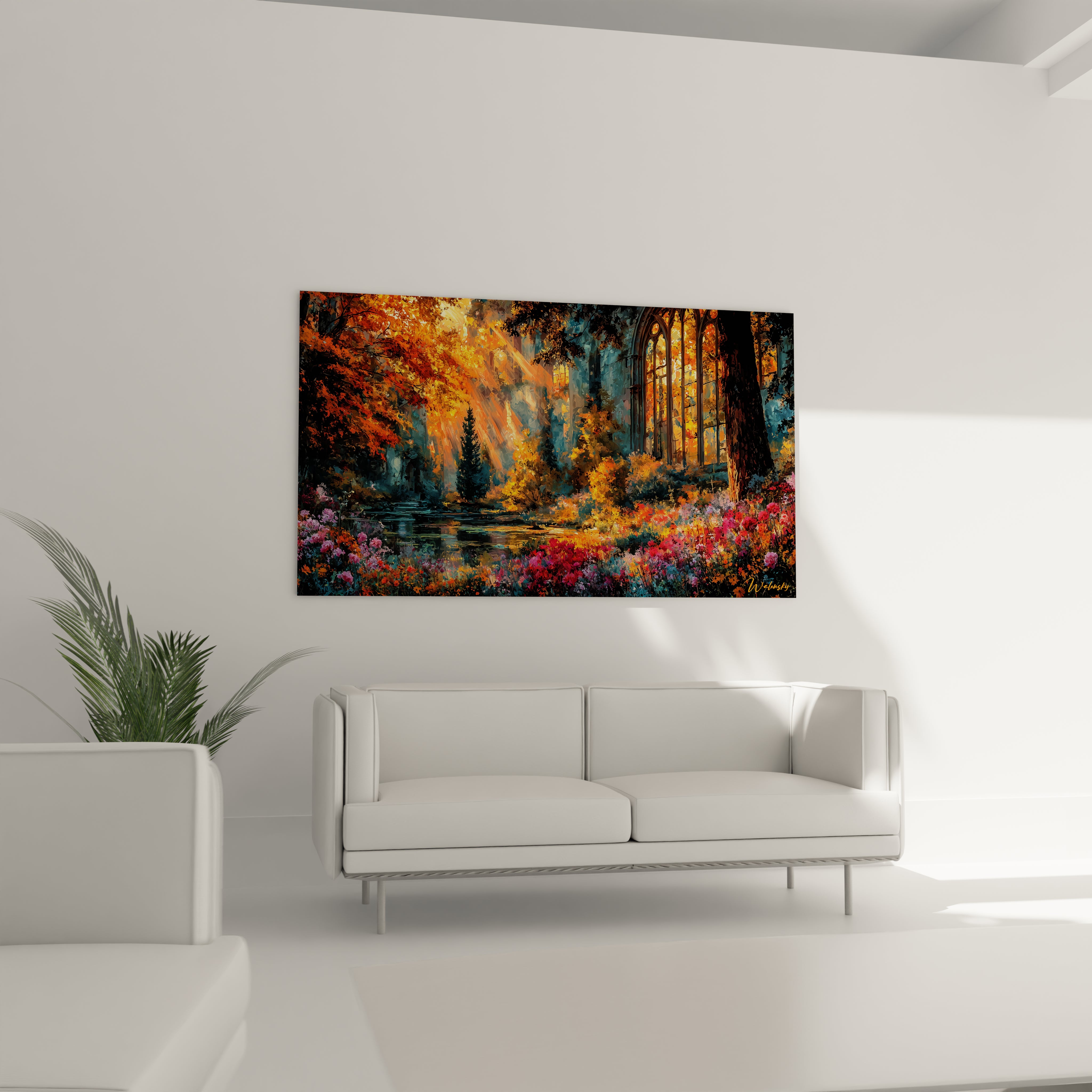 Tableau mural Walensky représentant forêt automnale lumineuse avec arches et vitraux tableau cathédrale gothique