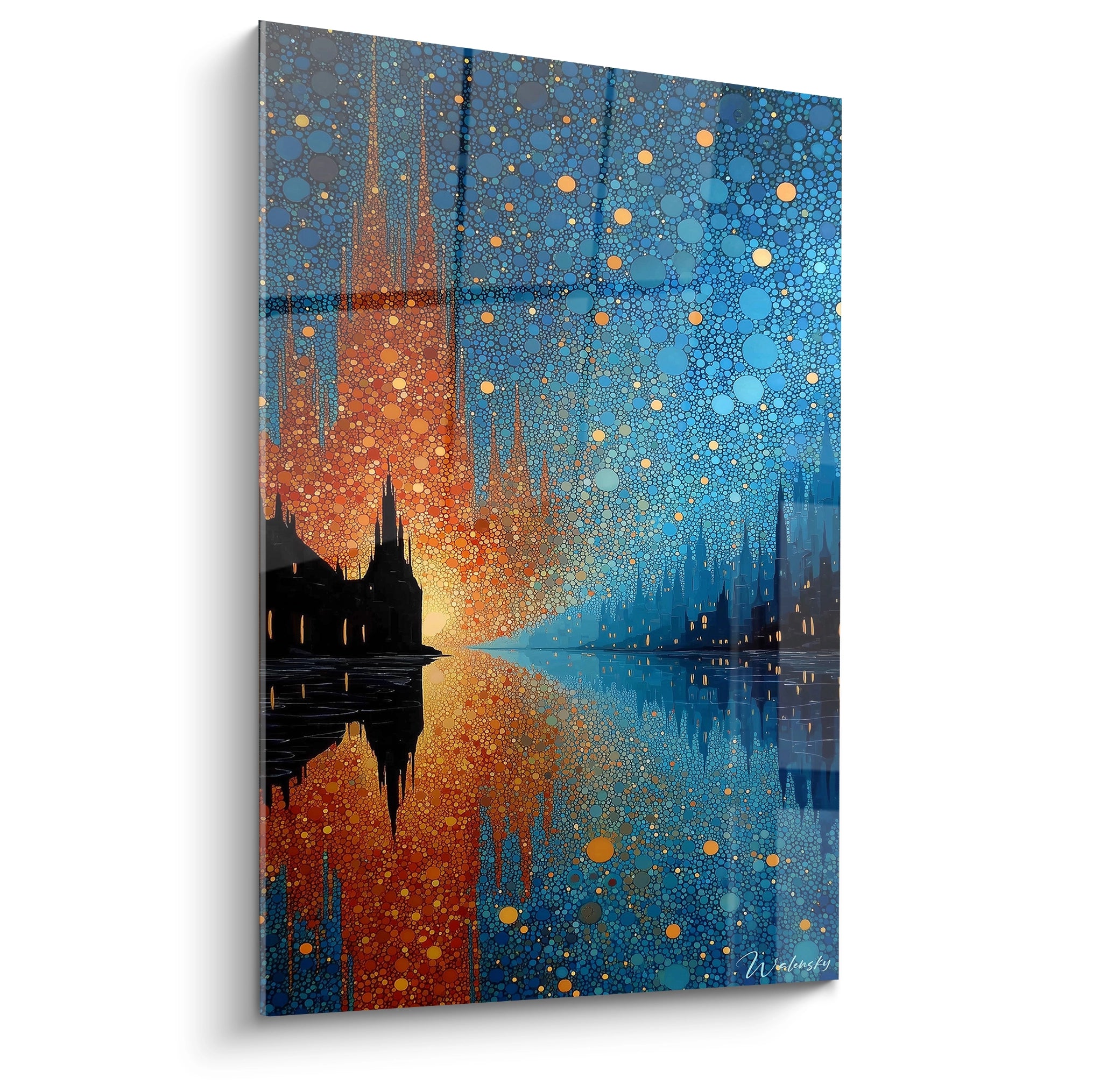 tableau cathédrale pointillisme Walensky toile murale silhouette de cathédrale reflet sur l eau tons orange et bleu