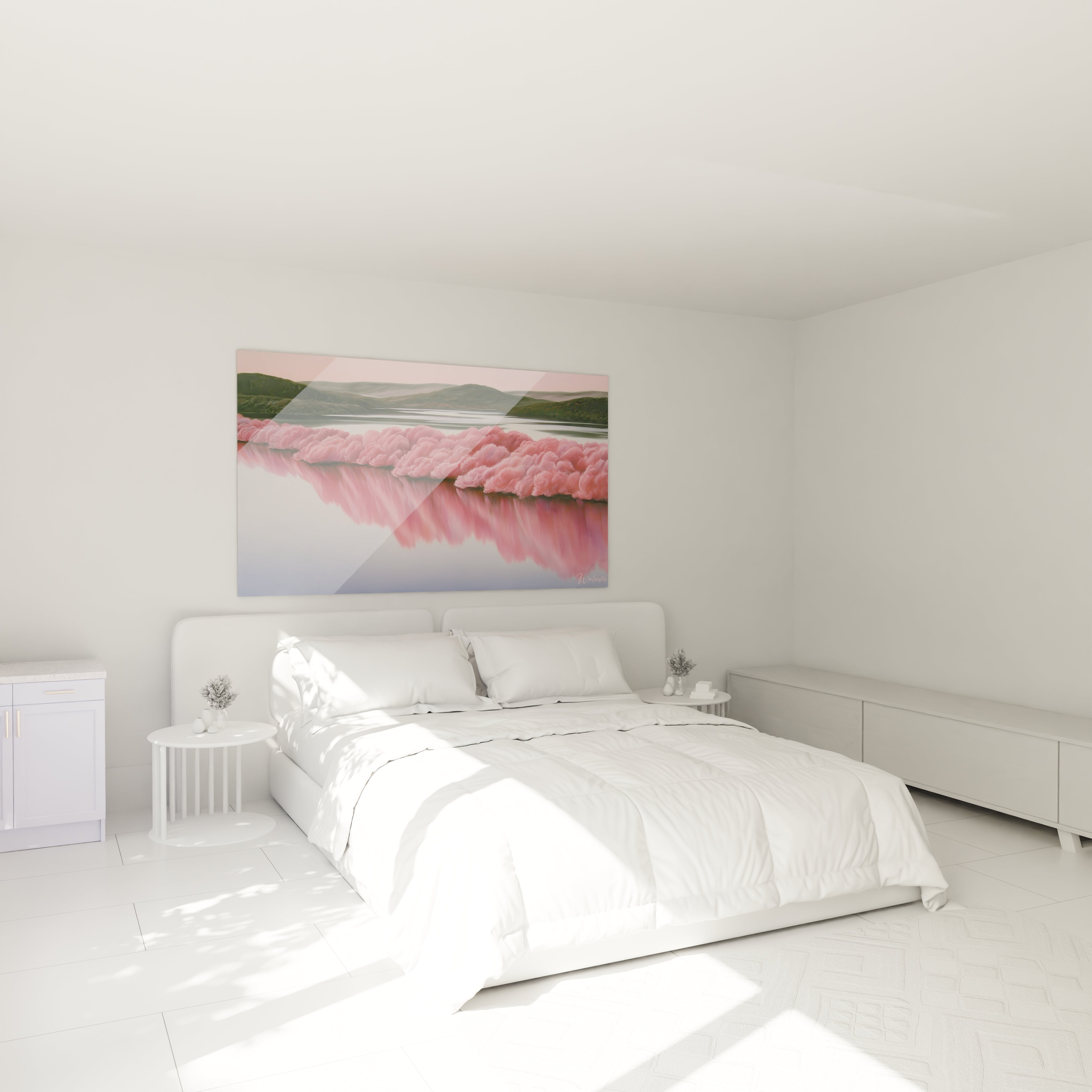 Tableau mural Walensky tableau cerisiers reflets roses paysage panoramique de cerisiers roses se reflétant sur un lit blanc
