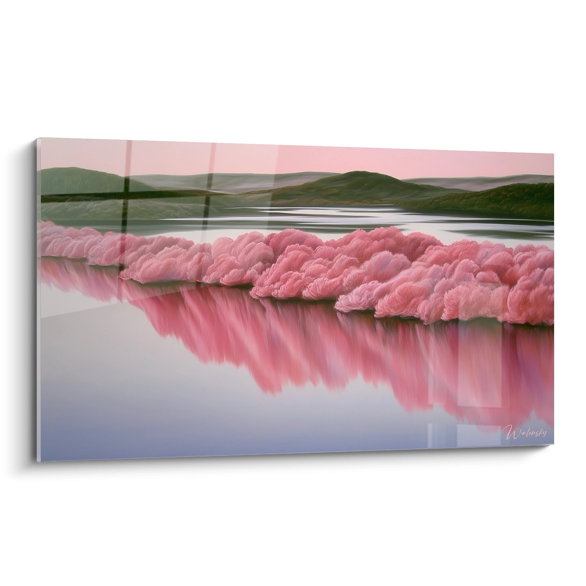 Walensky tableau cerisiers reflets roses mural paysage lac avec arbres roses et reflets sur eau calme
