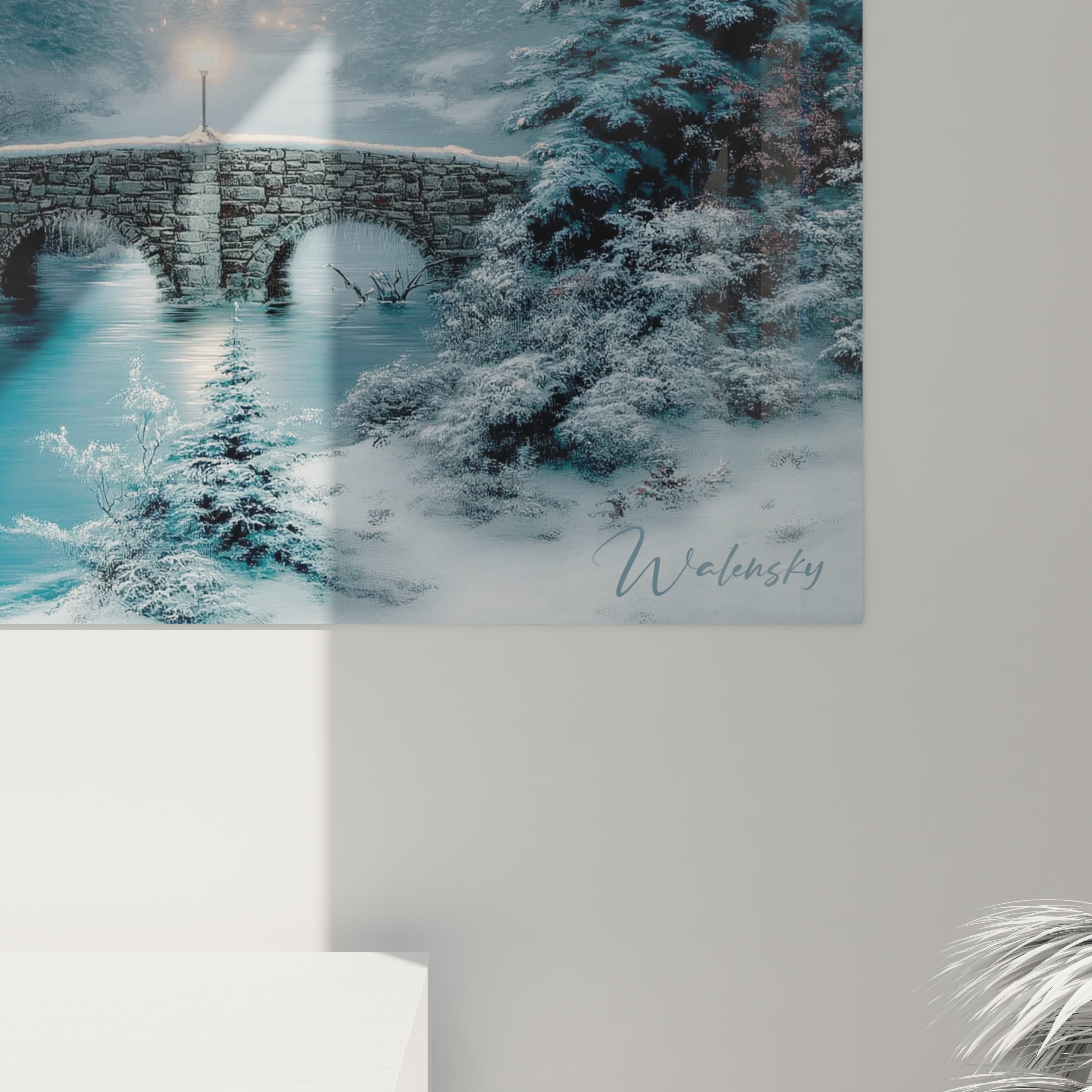 tableau château hiver Walensky montrant un pont en pierre enneigé lac gelé et sapins enneigés