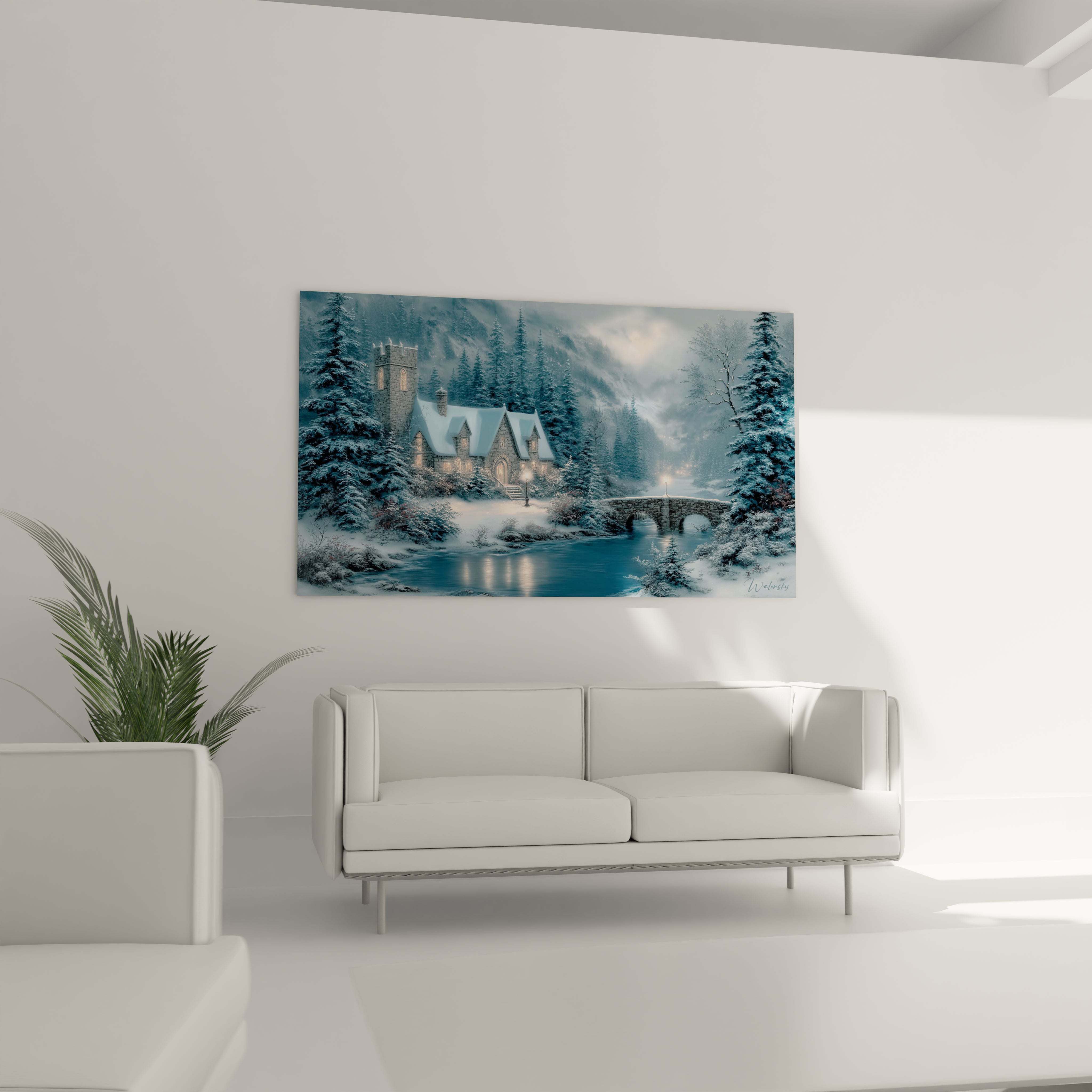 tableau château hiver montrant château enneigé pont en pierre rivière calme accroché au dessus d un canapé blanc
