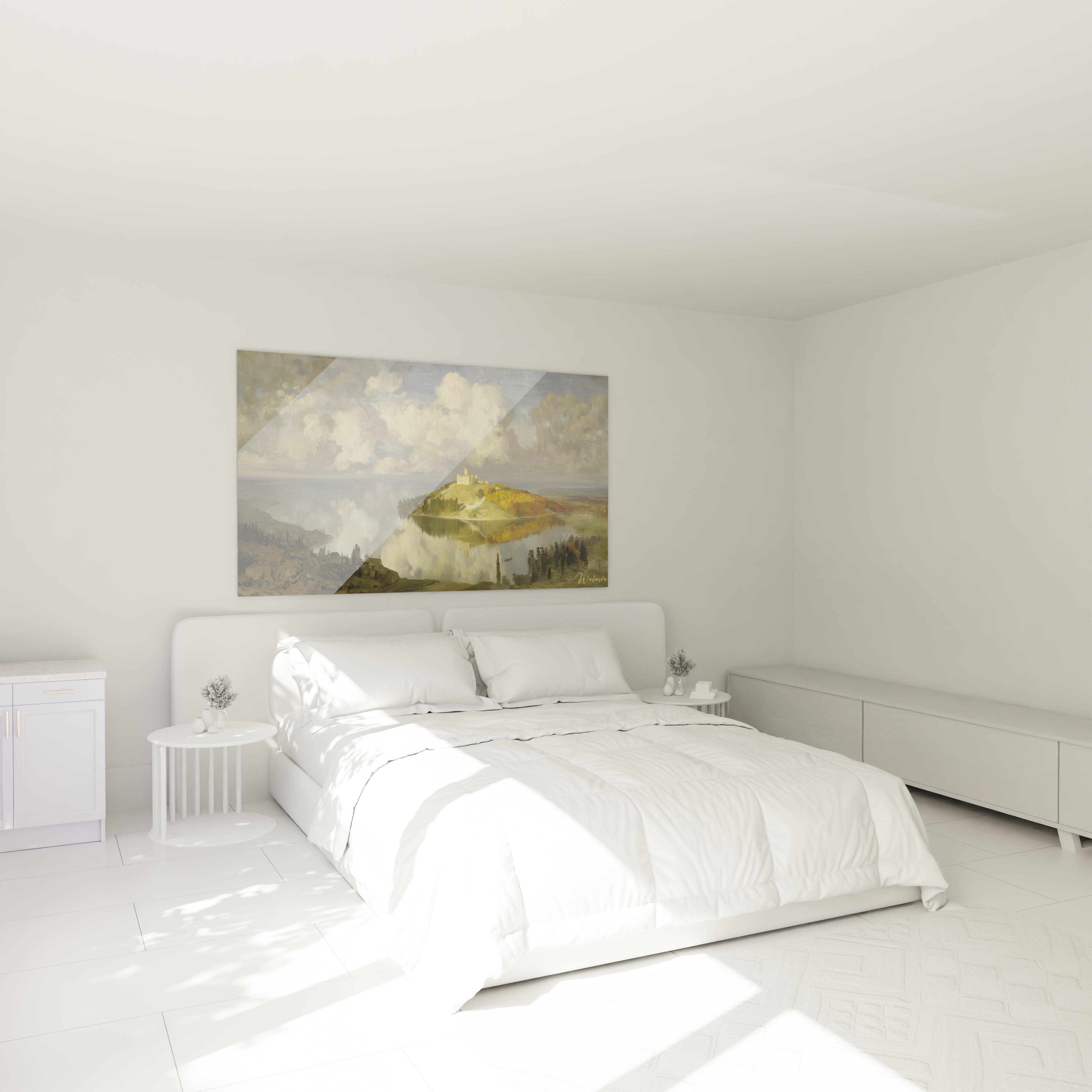 tableau château romantique Walensky accroché au dessus d un lit dans une chambre blanche moderne avec paysage de colline