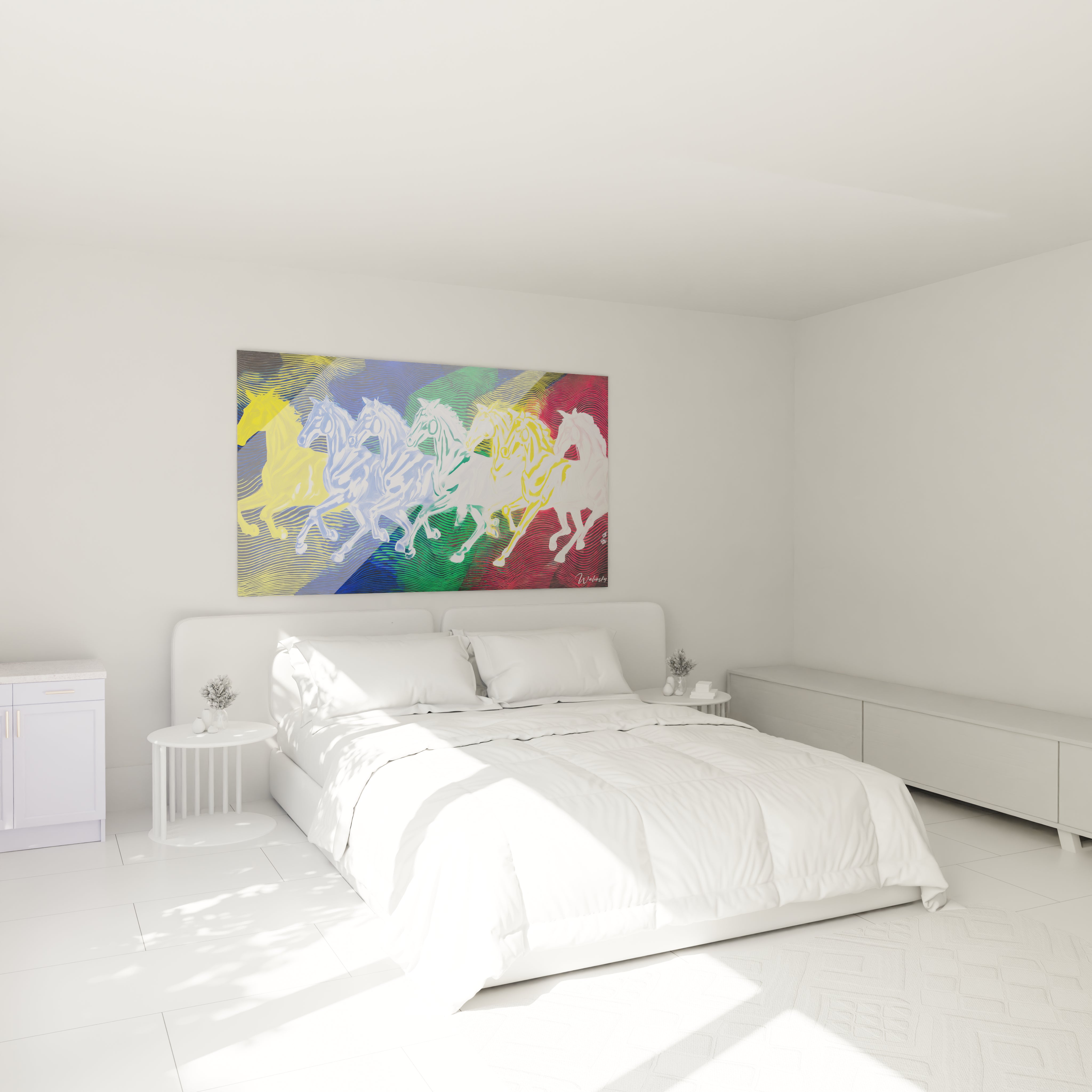 tableau chevaux op art Walensky mural coloré au dessus du lit blanc minimaliste dans une chambre moderne