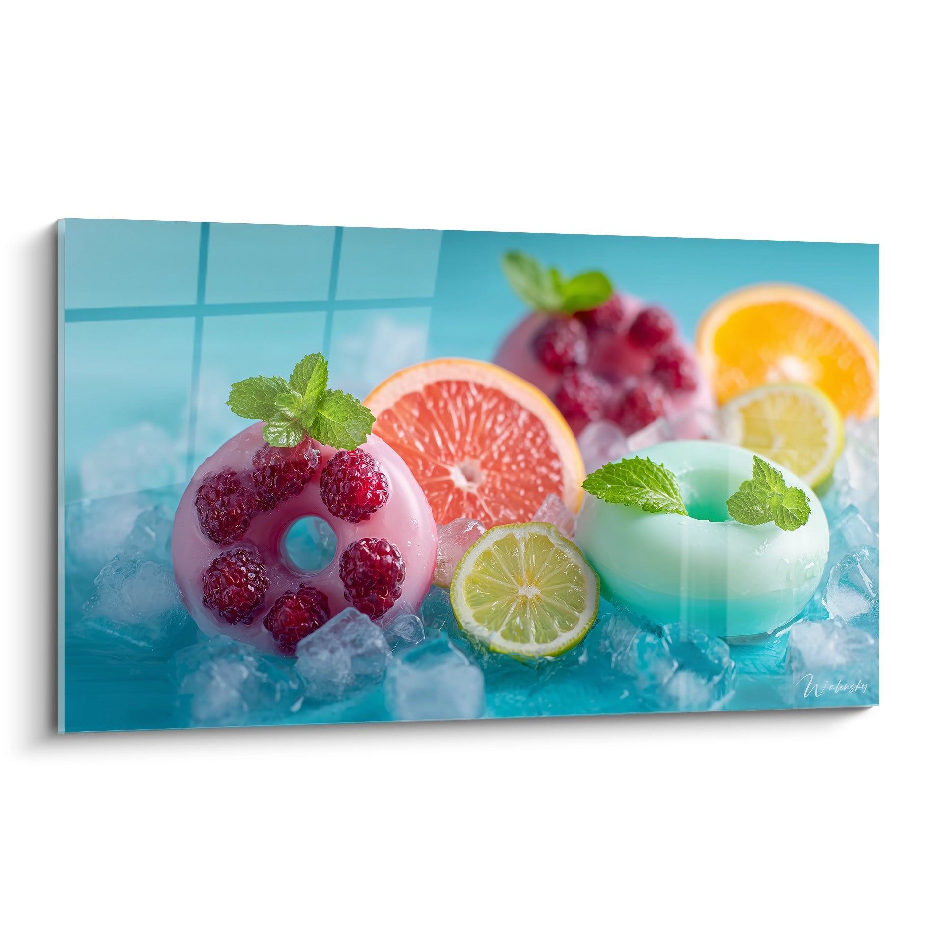 Walensky tableau cocktail glacé décoration murale avec donuts glacés aux framboises citrons et feuilles de menthe sur glace