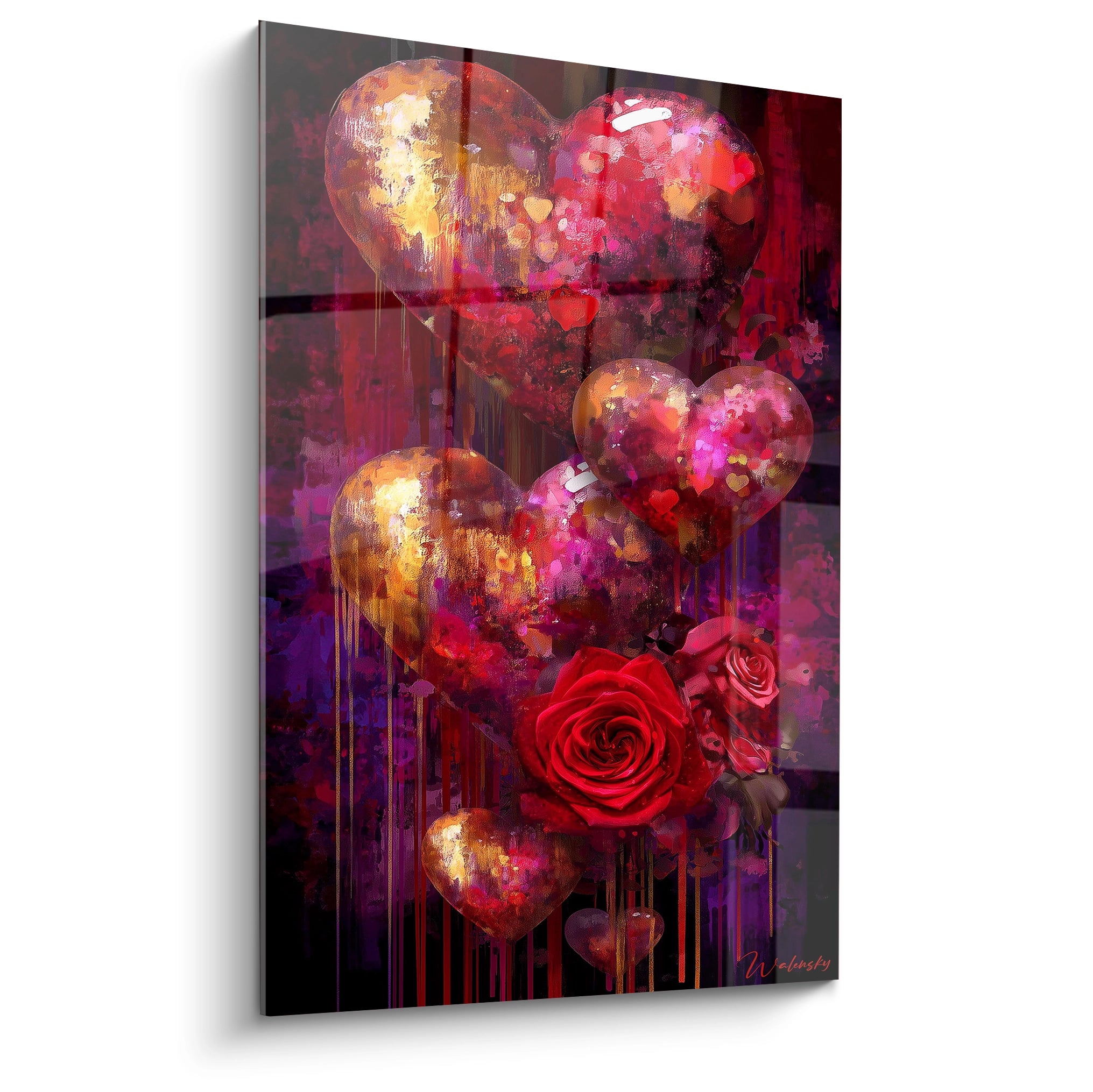 tableau cœur édition saint valentin Walensky peinture murale romantique coeurs dorés et rose rouge