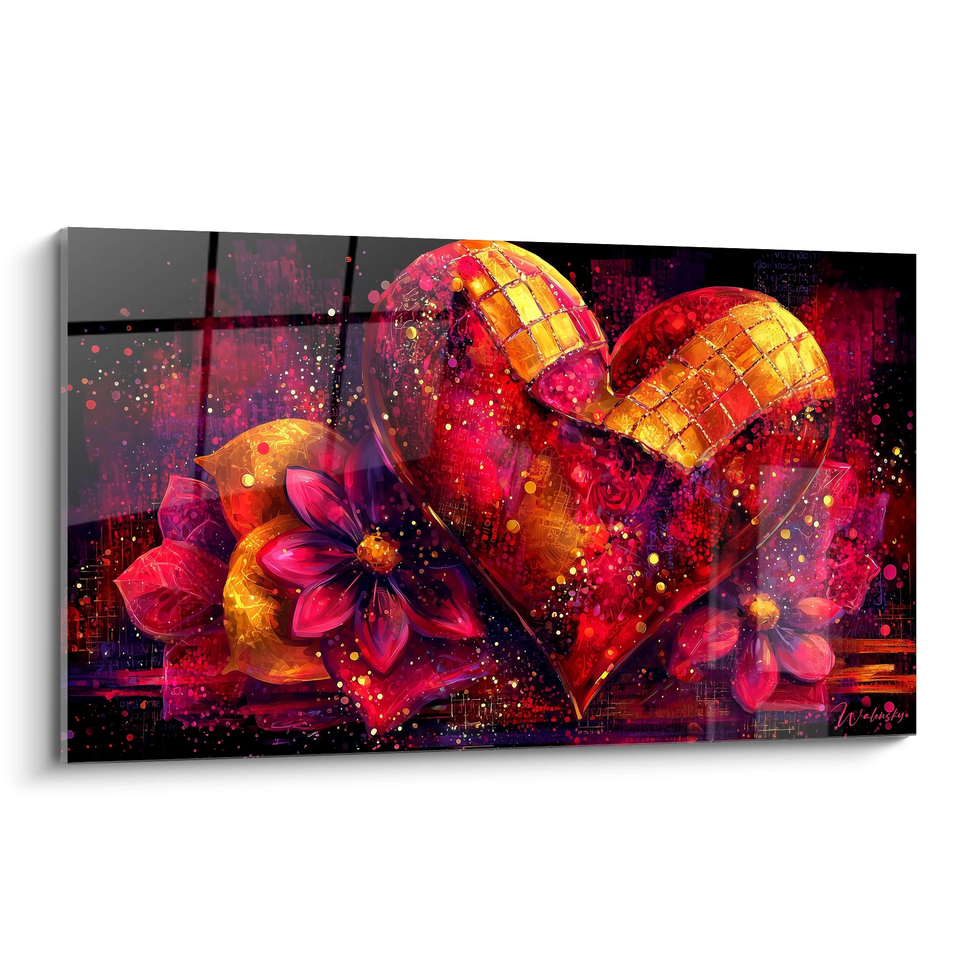 Tableau mural Walensky tableau cœur saint valentin mosaïque rouge et or avec fleurs décoratives