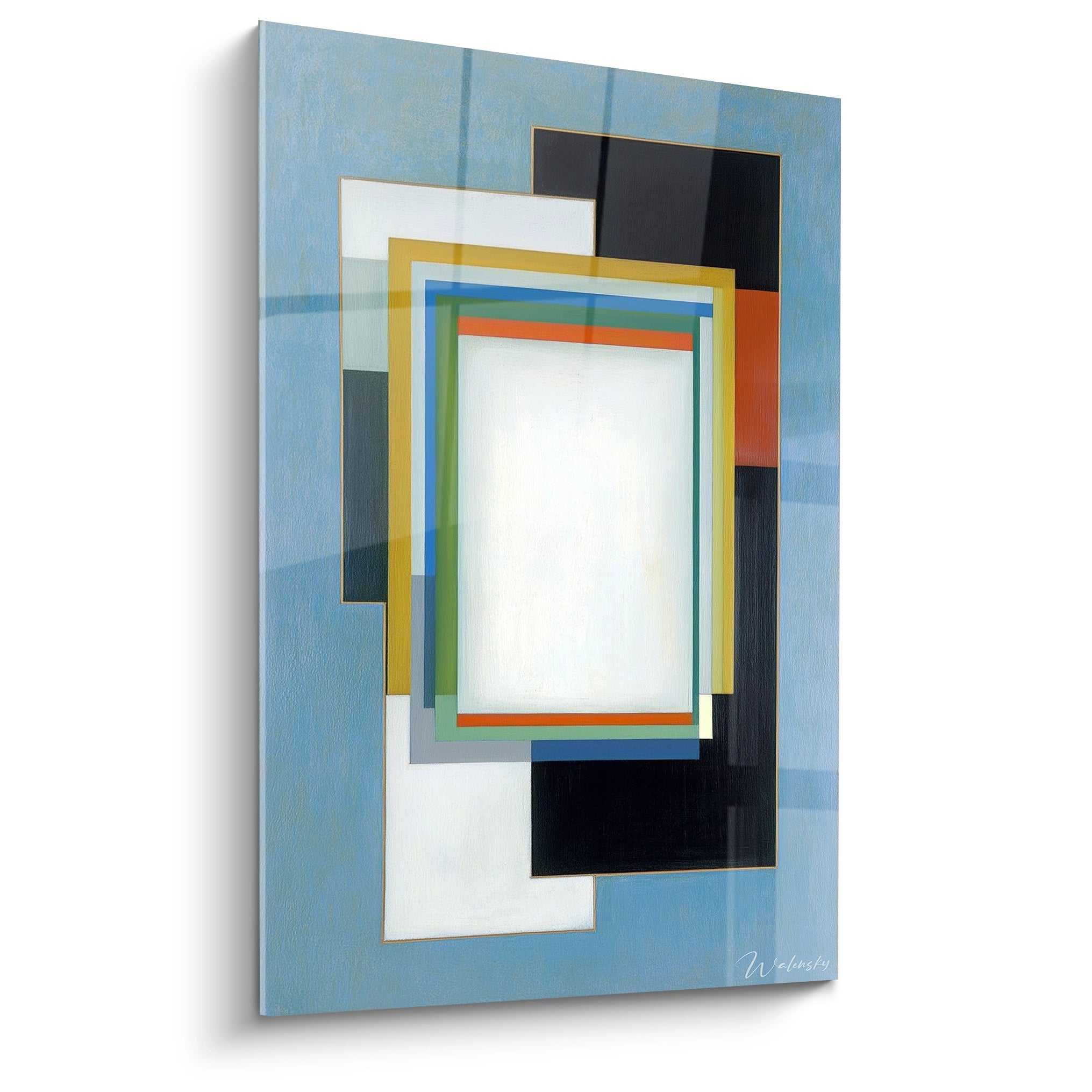 Tableau constructivisme moderne Walensky mural géométrique couches de rectangles colorés sur fond bleu