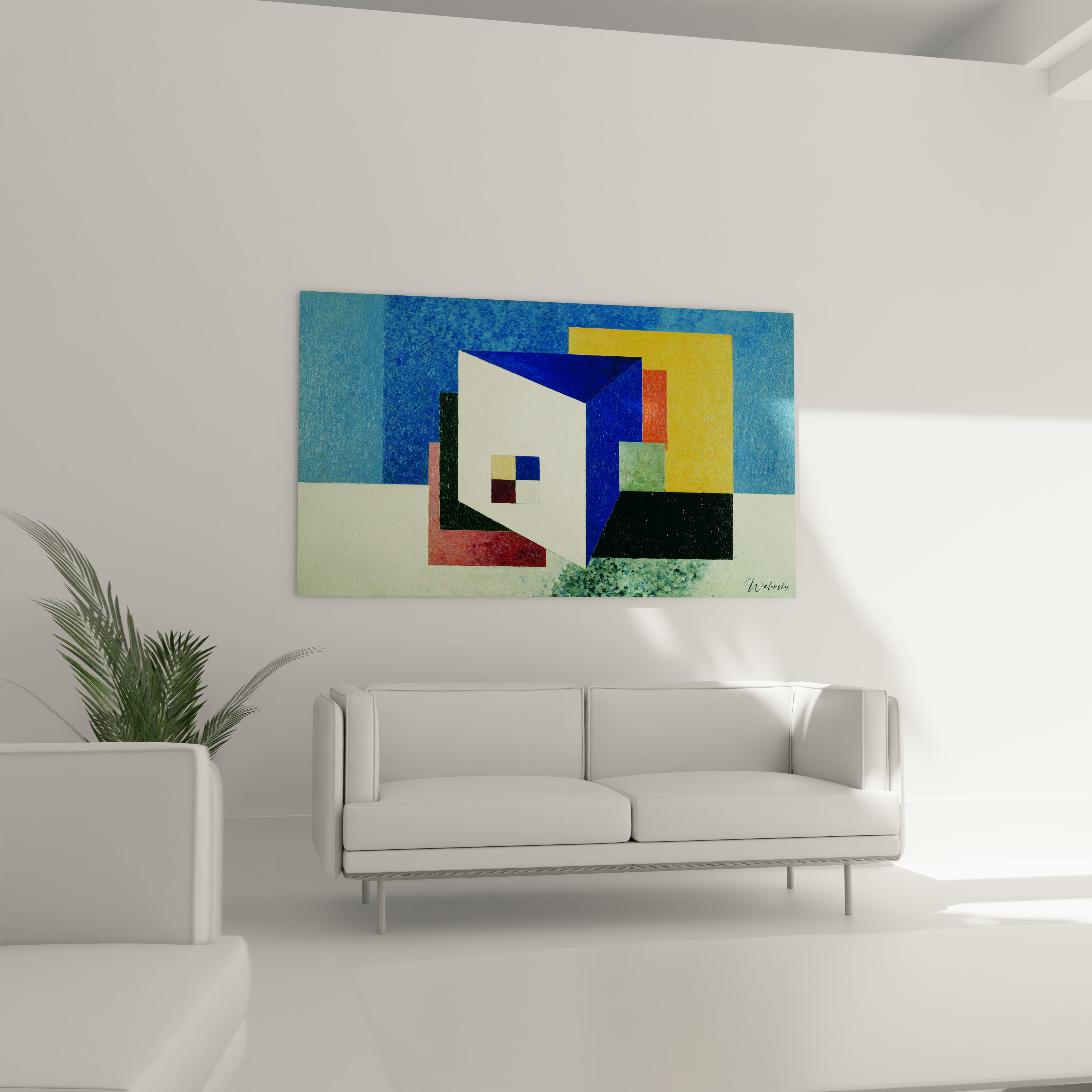 tableau constructivisme moderne Walensky peinture murale geometrique couleurs vives dans salon minimaliste