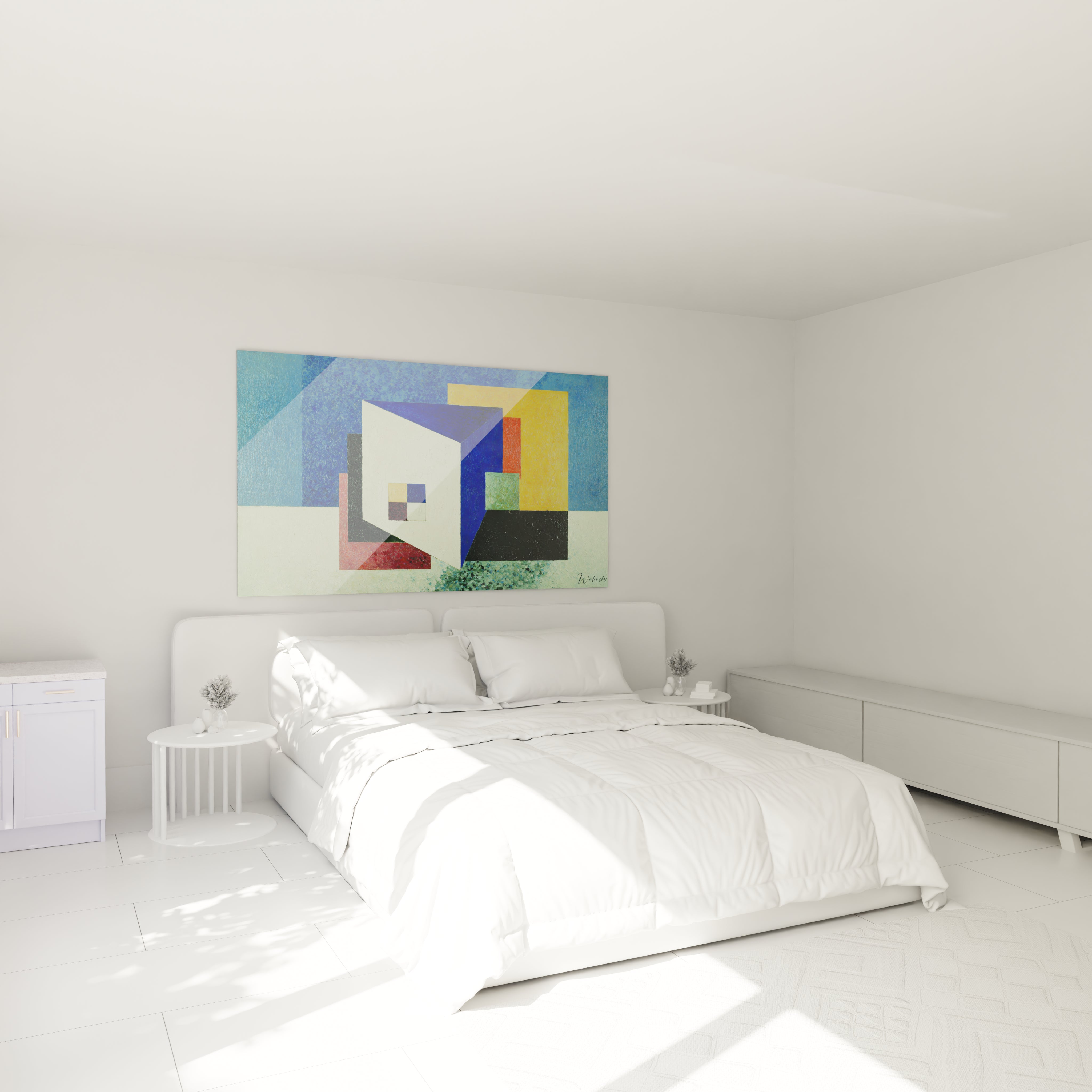 Tableau constructivisme moderne Walensky grand tableau mural géométrique coloré accroché au dessus de lit blanc minimaliste