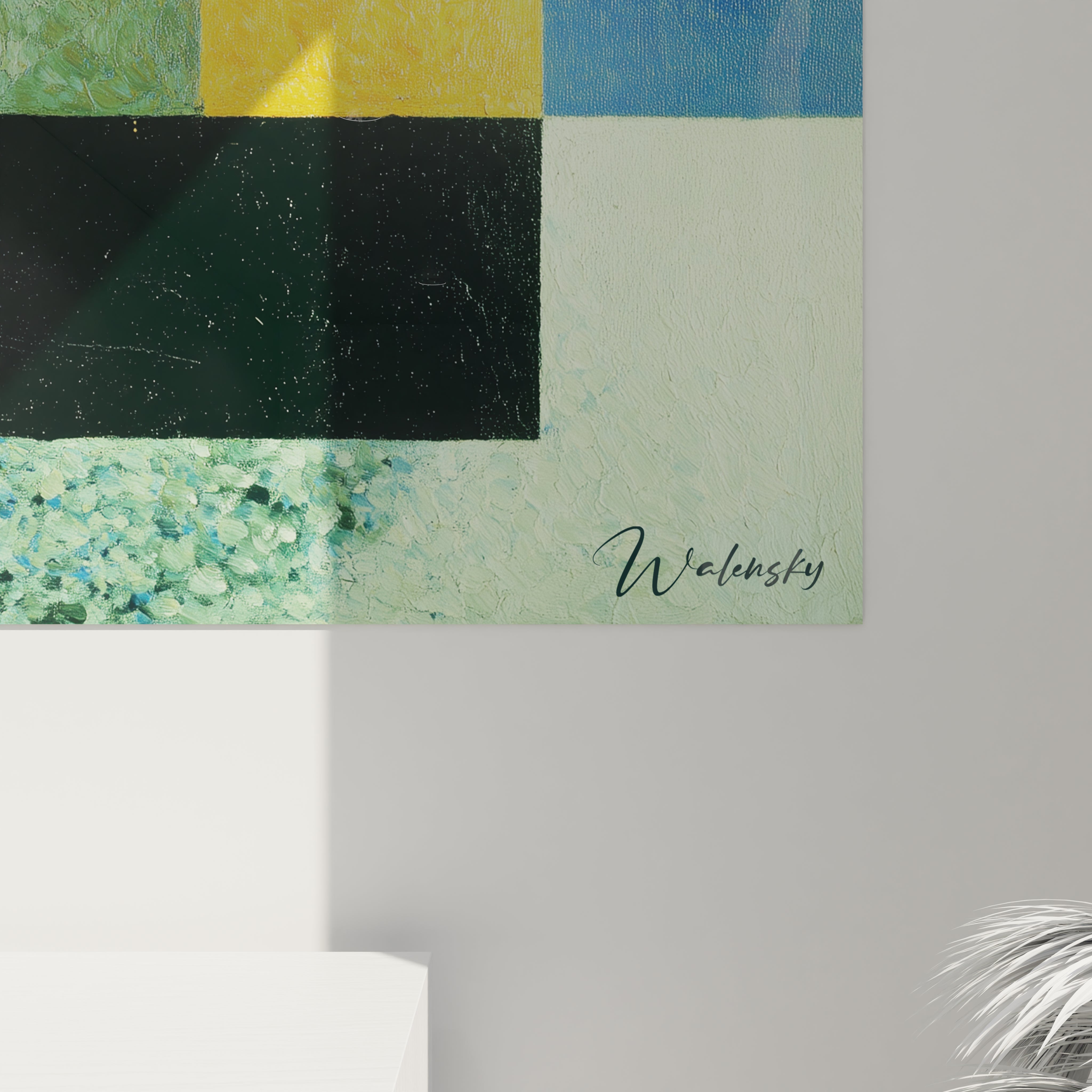 tableau constructivisme moderne mural Walensky coin de toile geometrique vert jaune bleu noir textures peintes et signature