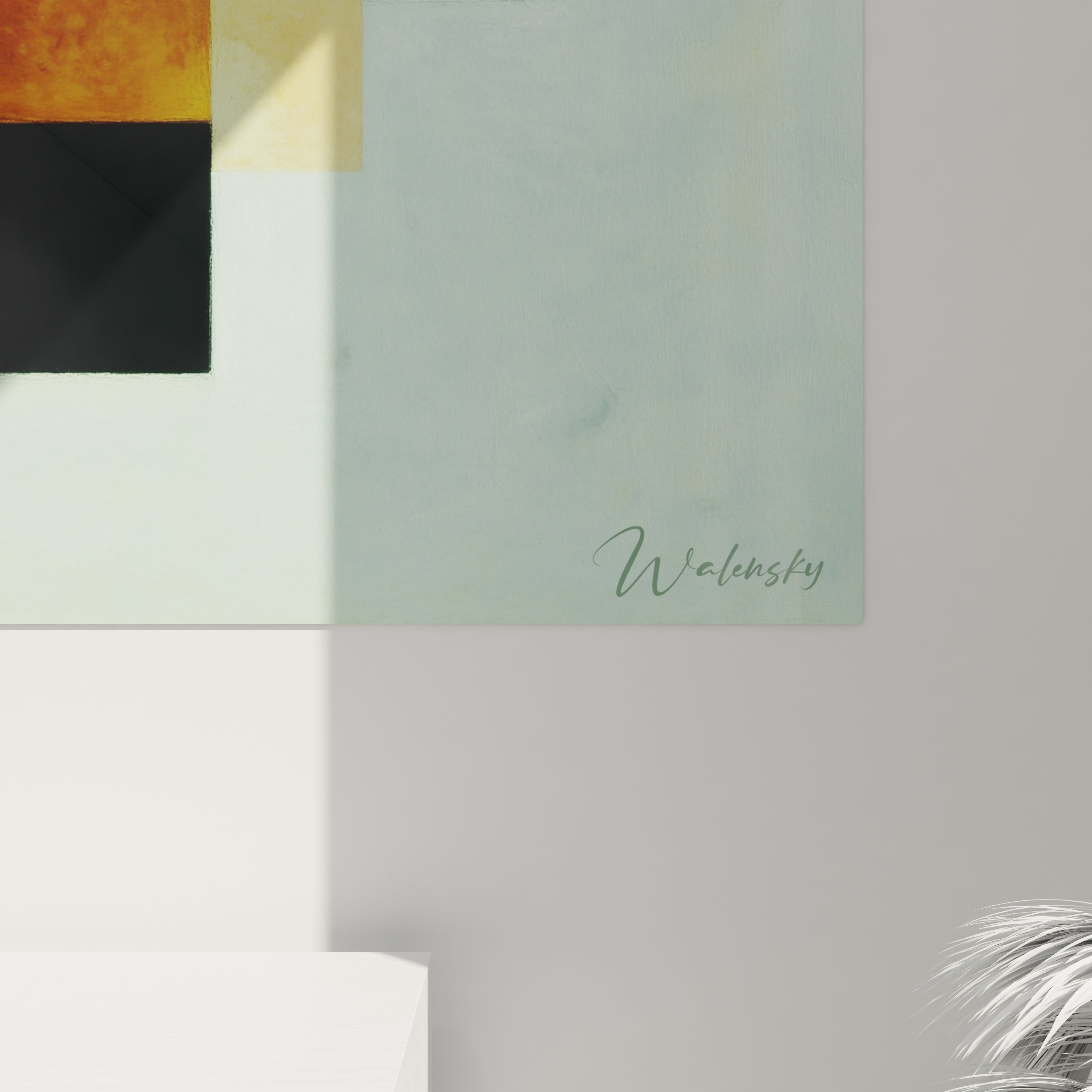 Tableau mural Walensky minimaliste à formes géométriques et couleurs pastel signature visible tableau constructivisme moderne