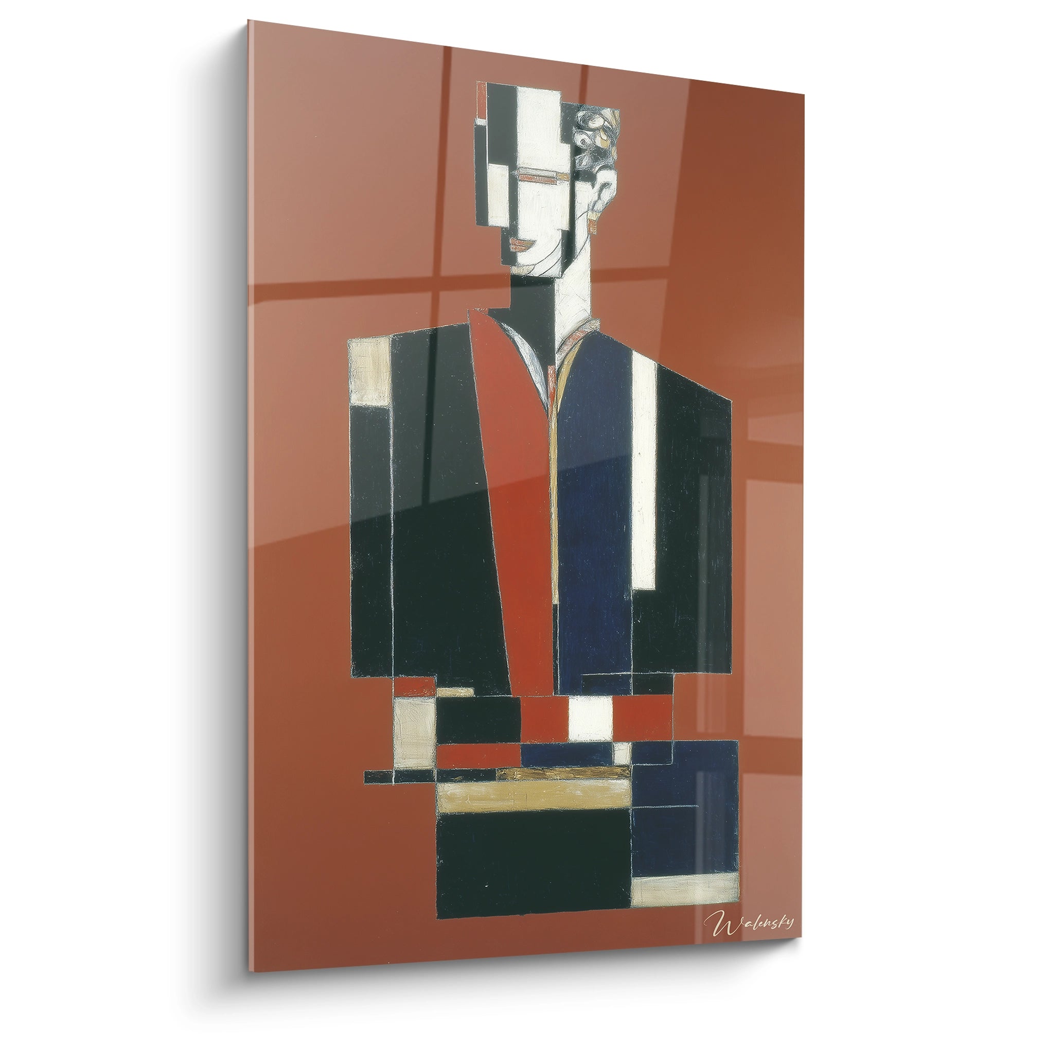 tableau constructivisme moderne Walensky mural portrait abstrait geometrique en formes rectangulaires sur fond terre cuite