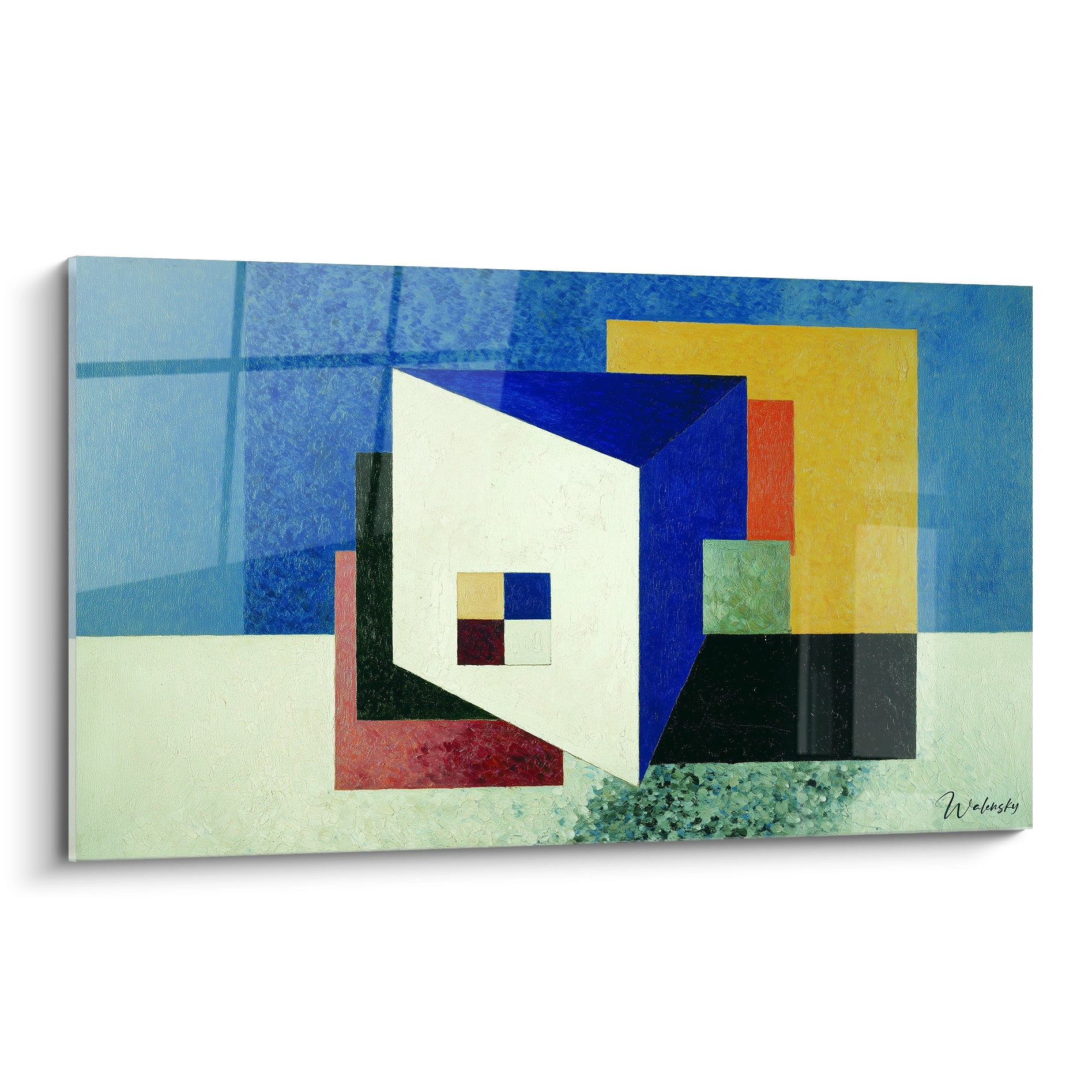 Toile murale Walensky style tableau constructivisme moderne avec cube géométrique bleu jaune rouge et carrés superposés