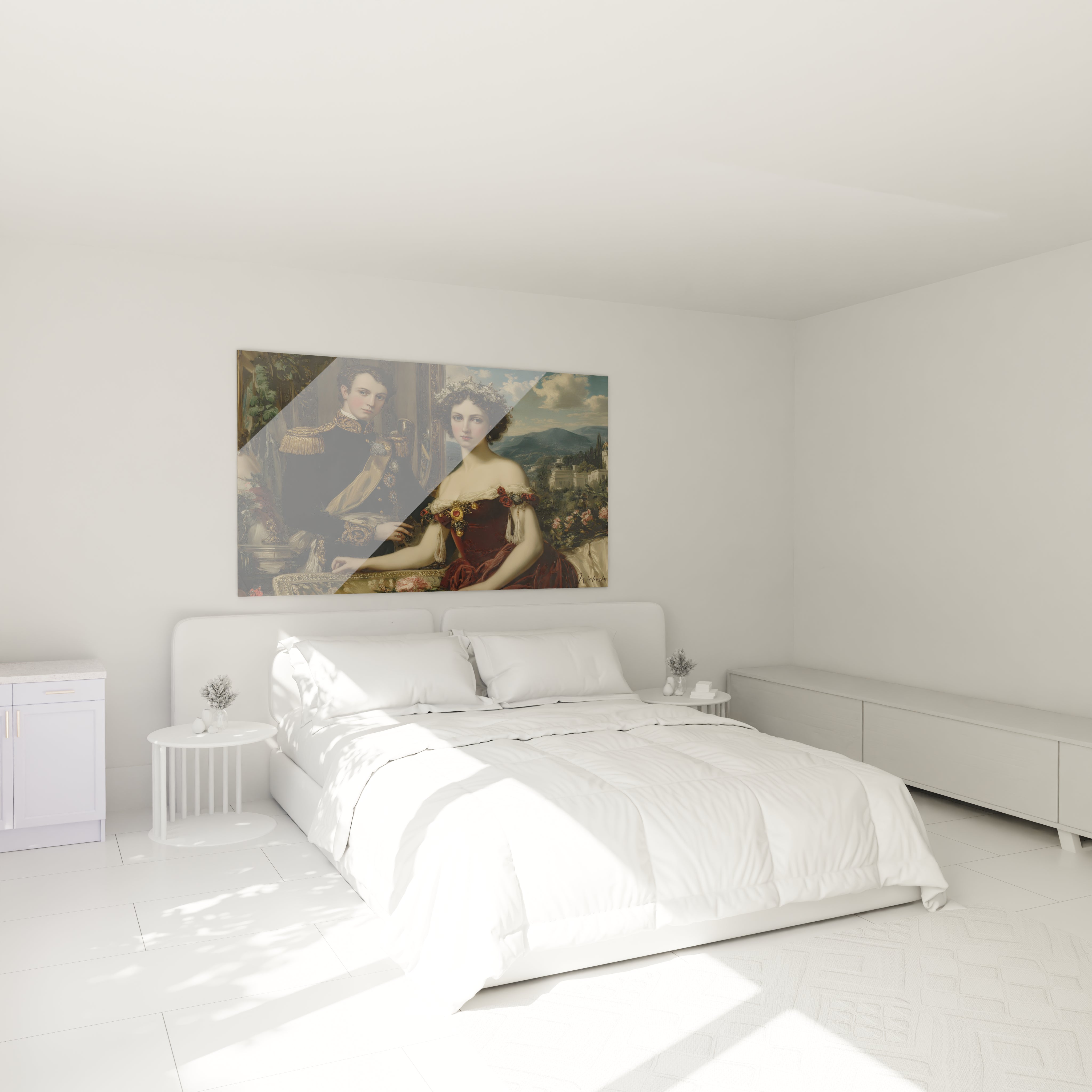 Chambre blanche minimaliste avec un tableau couple aristocratique Walensky accroché au dessus du lit