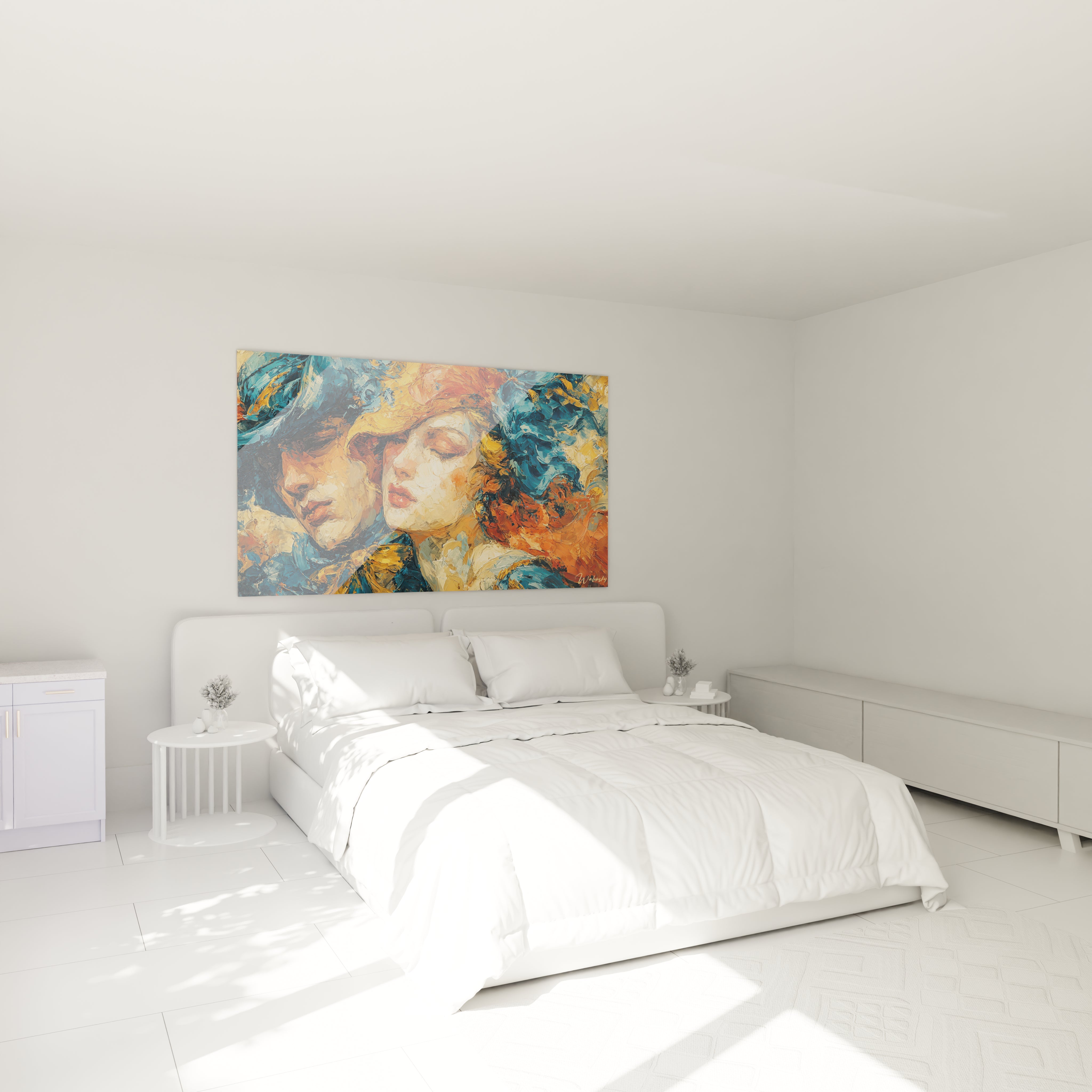 tableau couple art renaissance italienne tableau mural coloré au dessus d un lit dans une chambre minimaliste
