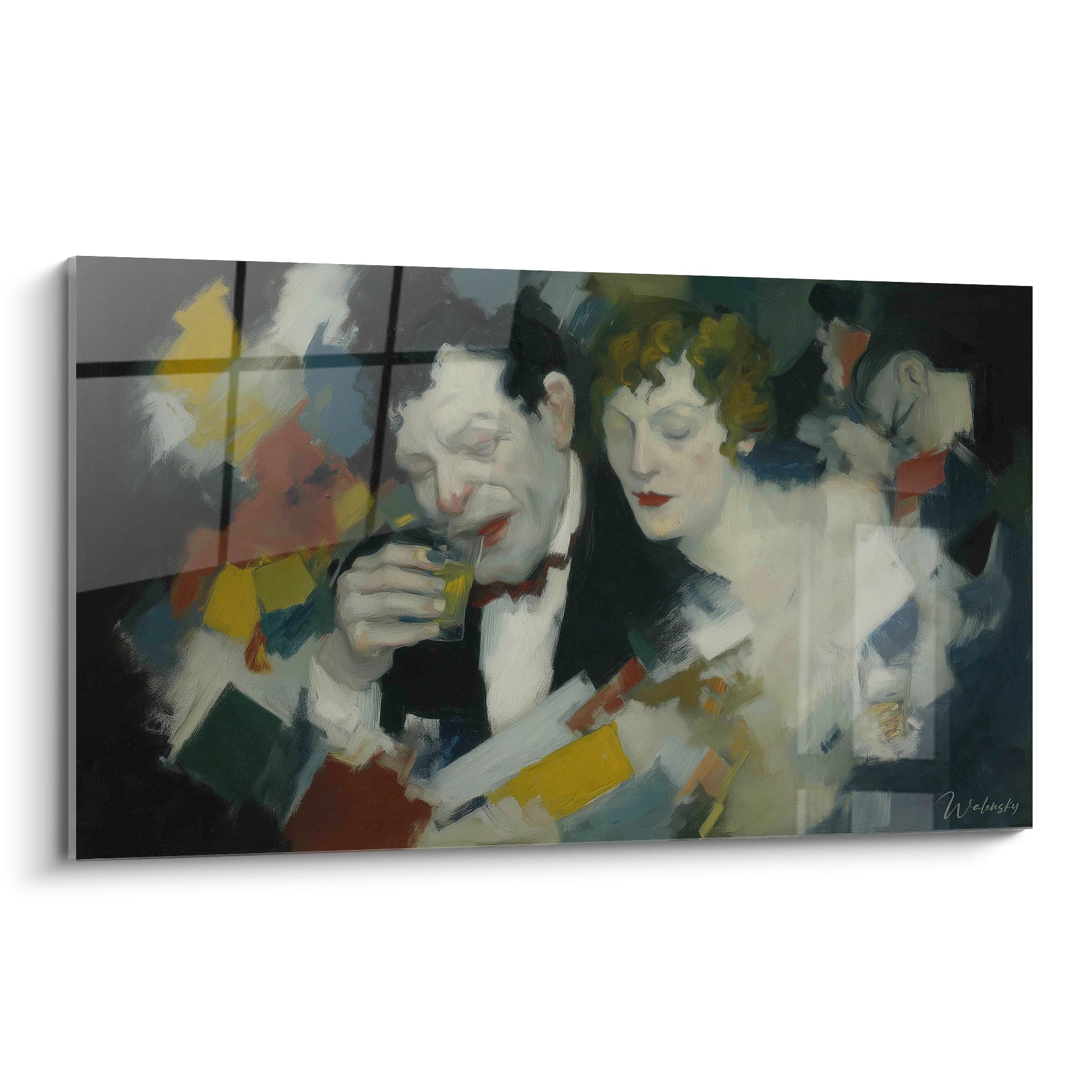 Tableau mural Walensky montrant un tableau couple dadaïsme abstrait avec homme en costume buvant et femme penchee