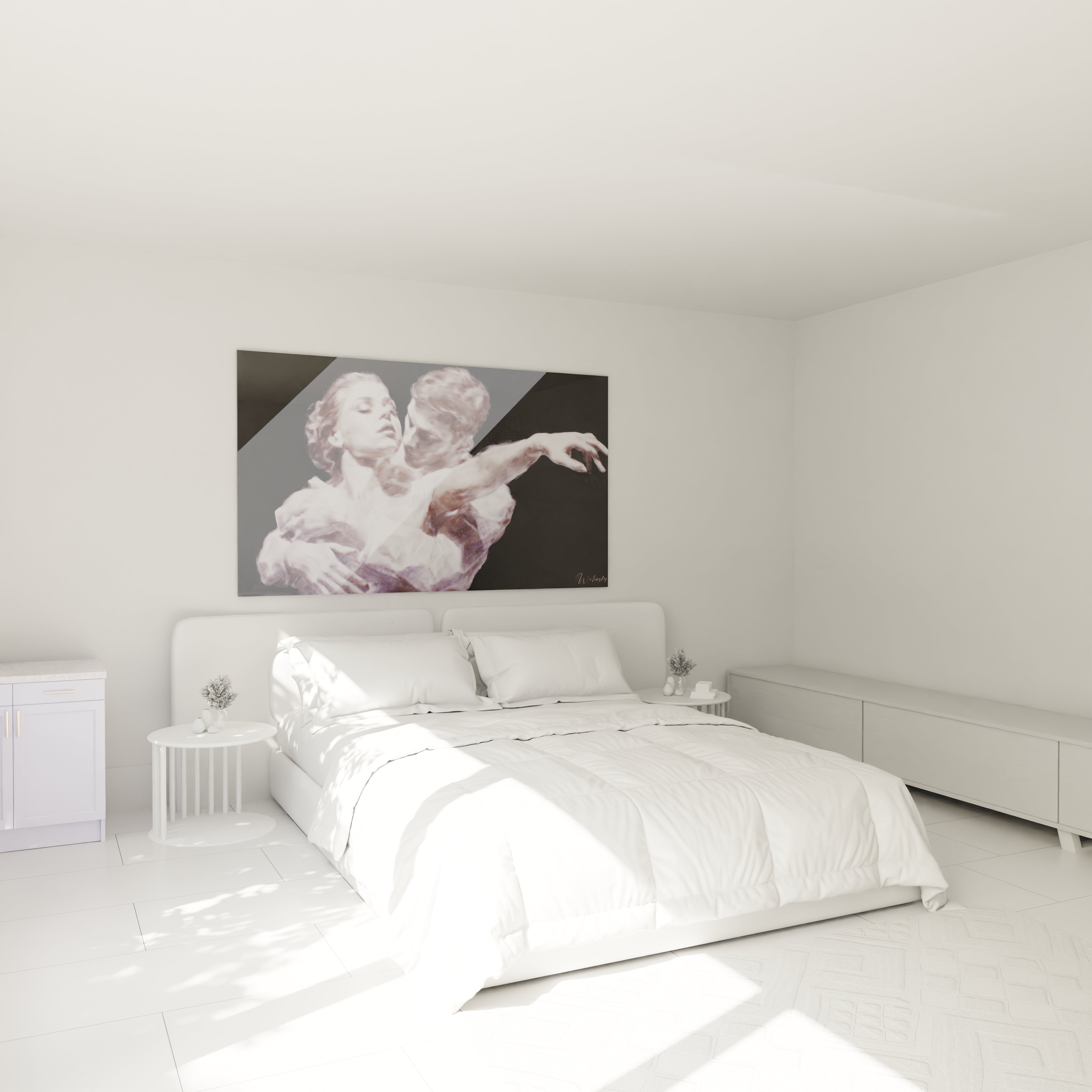 Tableau mural Walensky tableau couple hyperréalisme grand format au dessus du lit dans une chambre blanche minimaliste