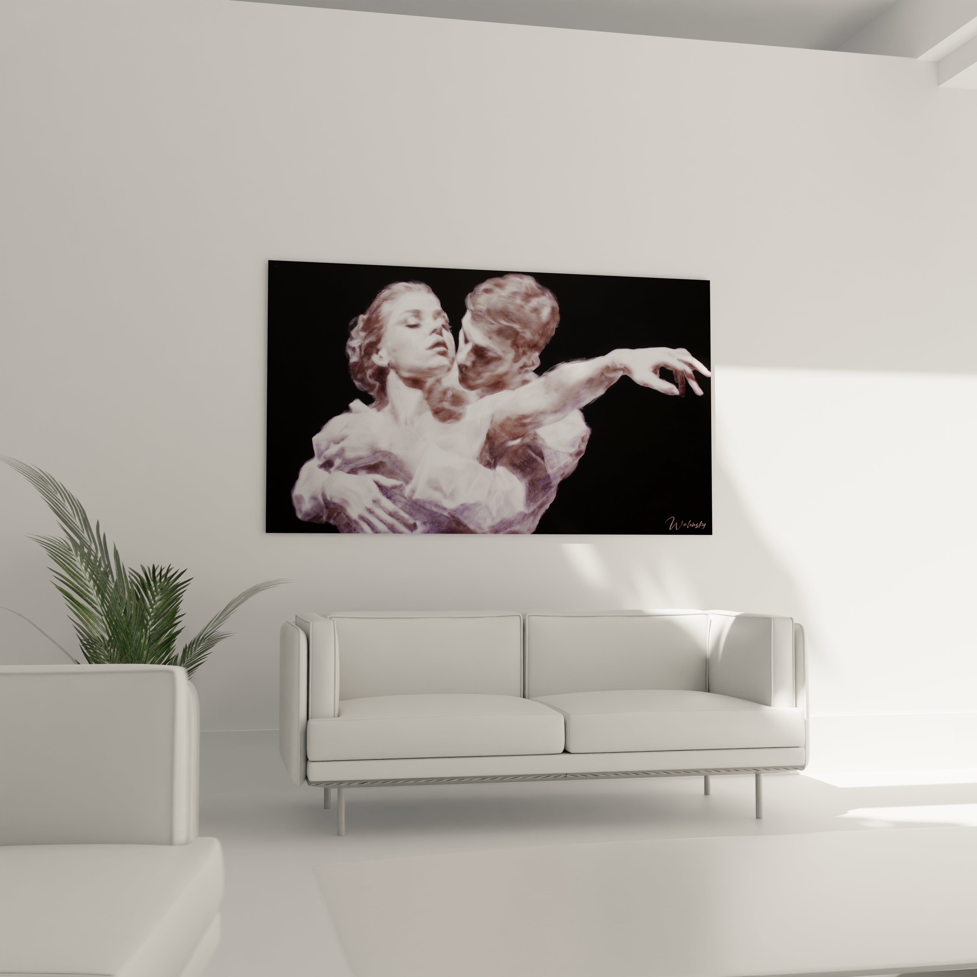 tableau couple hyperréalisme Walensky représentant un couple dansant en tons pastel sur fond noir accroché au mur