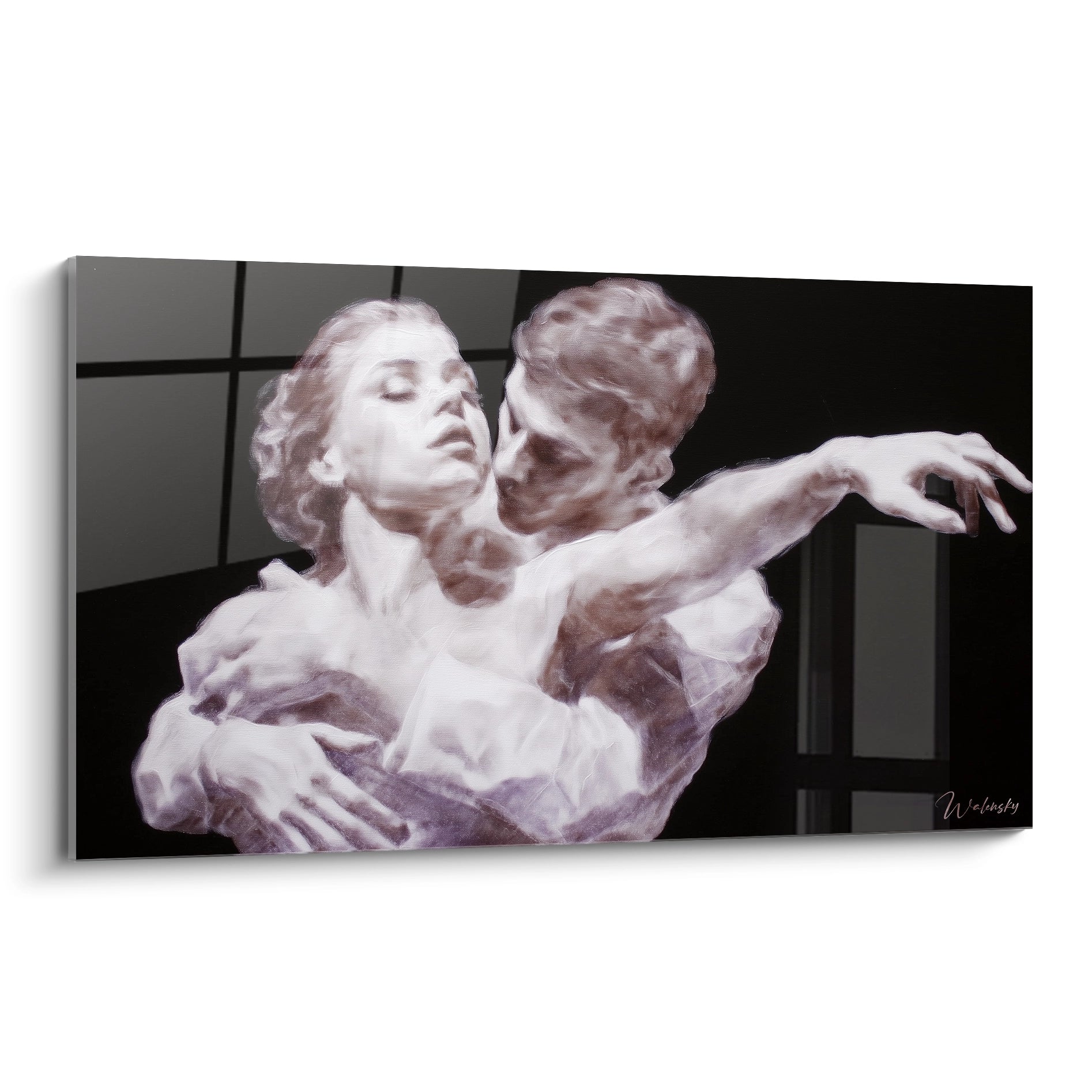 Tableau mural Walensky montrant un tableau couple hyperréalisme de deux figures enlacées en ton lavande sur fond noir