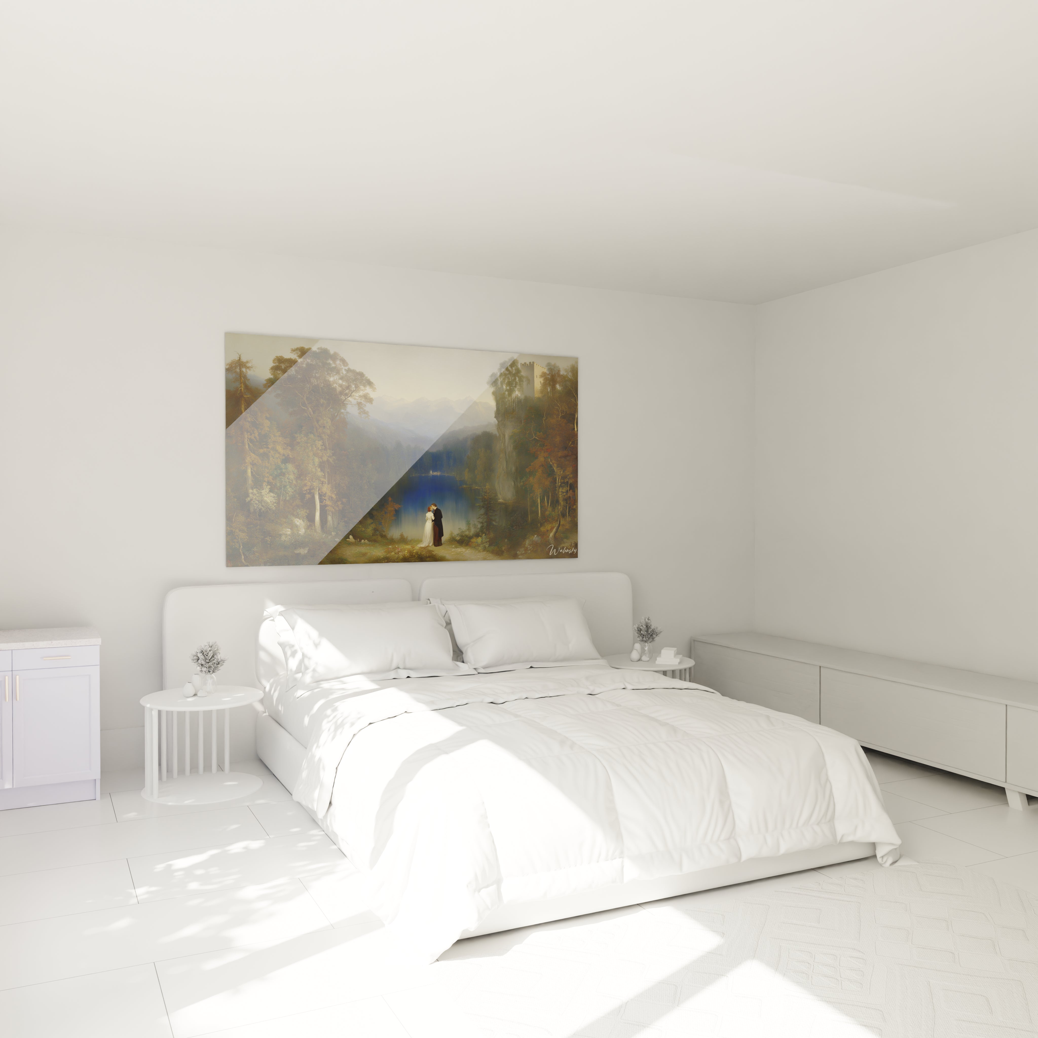 Walensky tableau mural tableau couple romantique paysage au bord du lac accroche au dessus lit blanc minimaliste