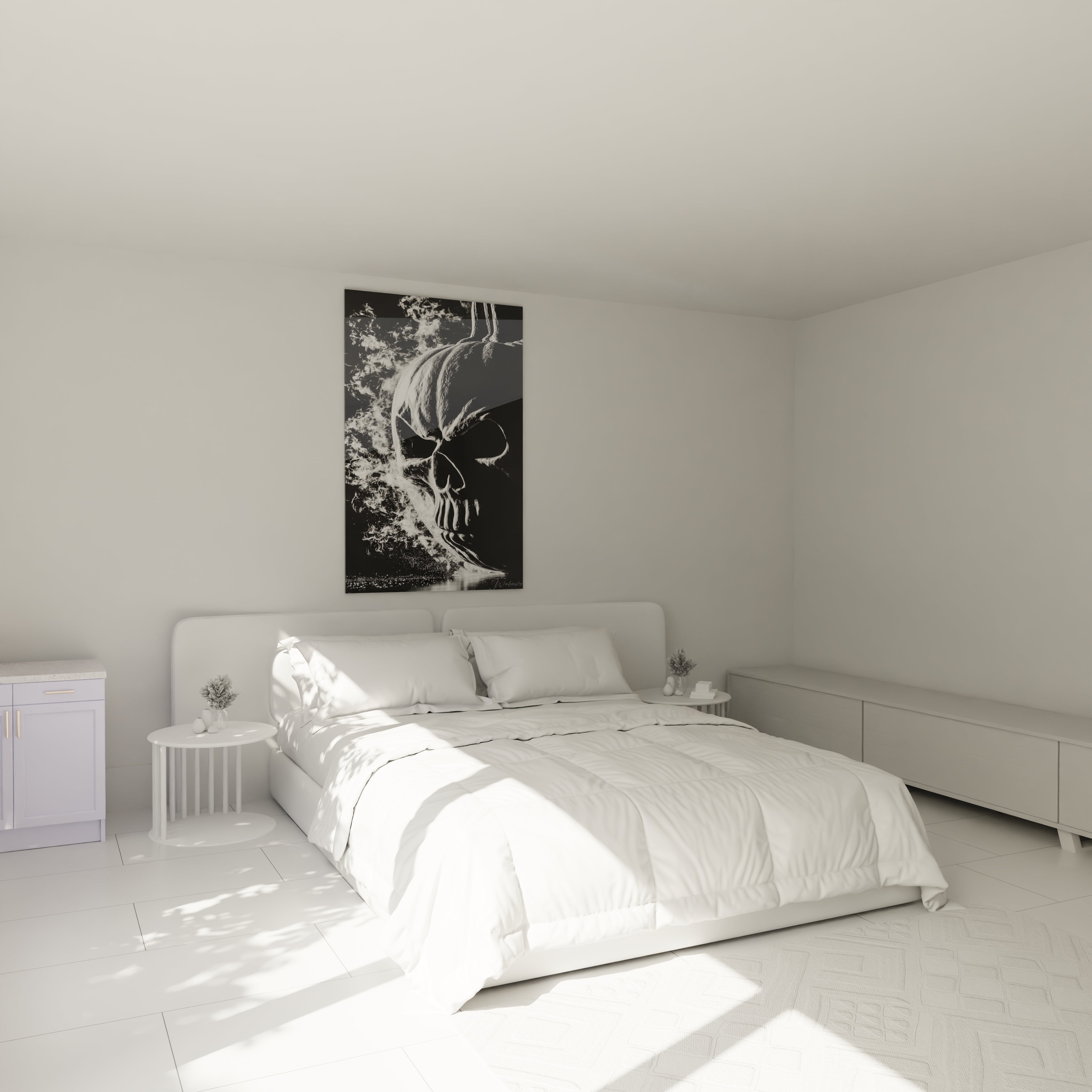 tableau crâne halloween Walensky accroché au dessus d un lit blanc moderne dans une chambre minimaliste