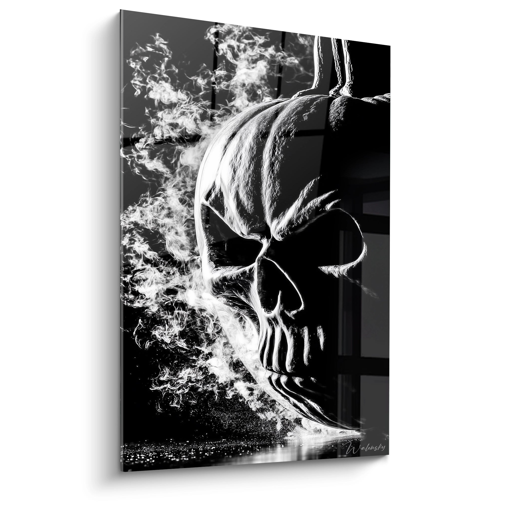 Walensky tableau crâne halloween mural noir et blanc, crâne fumé stylisé sur toile brillante