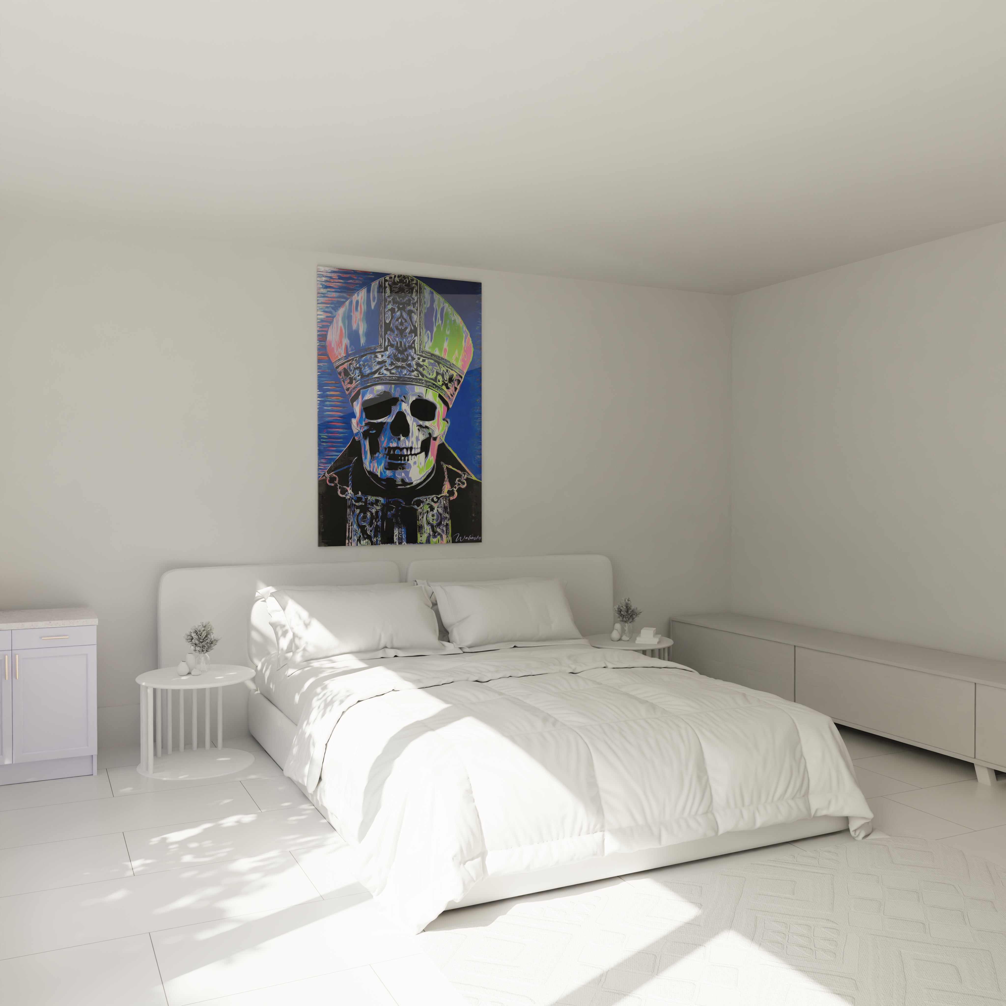 Tableau crâne papal Walensky accroché au mur d une chambre minimaliste blanche au dessus du lit