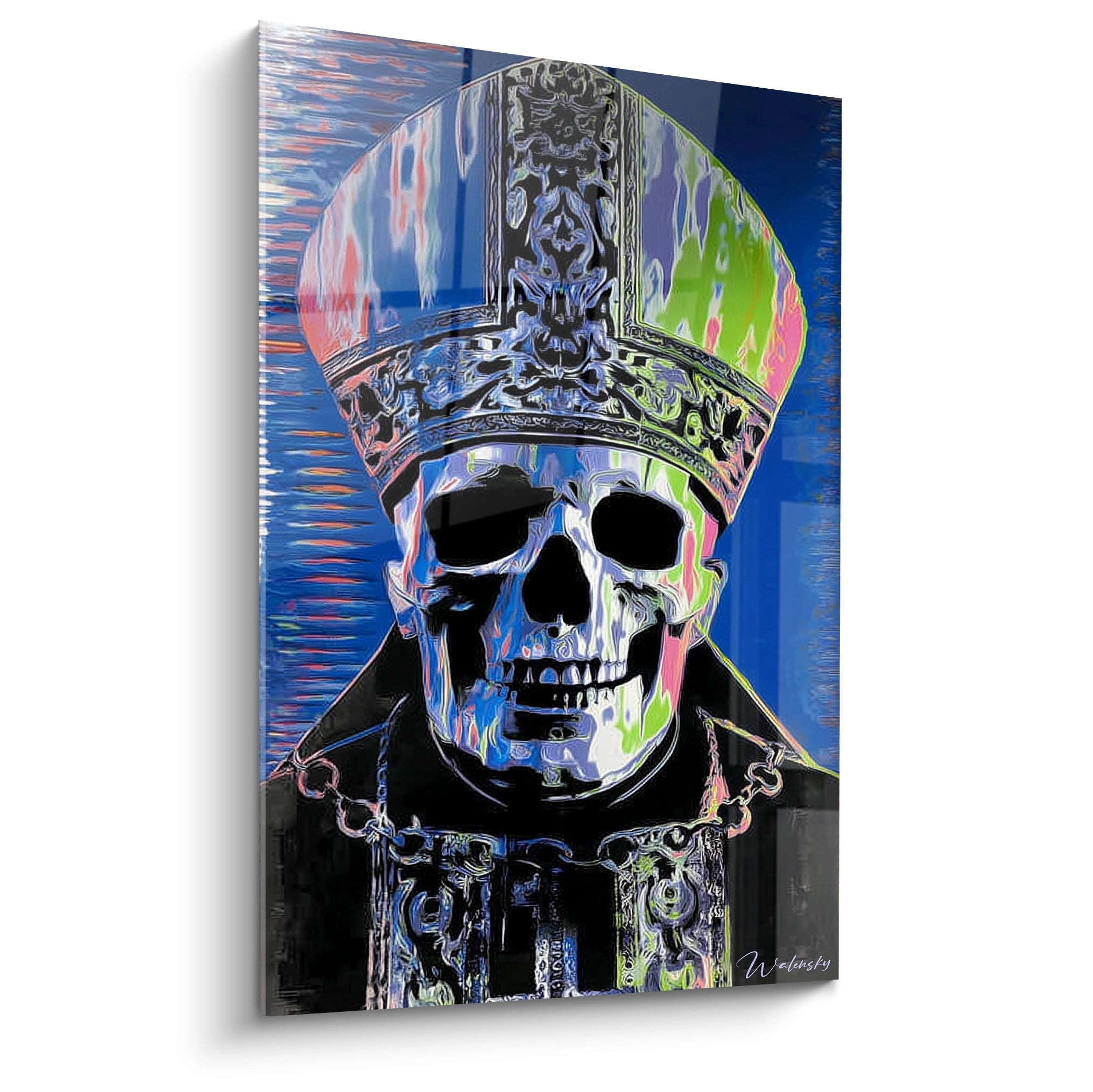 Tableau mural Walensky tableau crâne papal art pop coloré montrant un crâne avec tiare papale sur toile