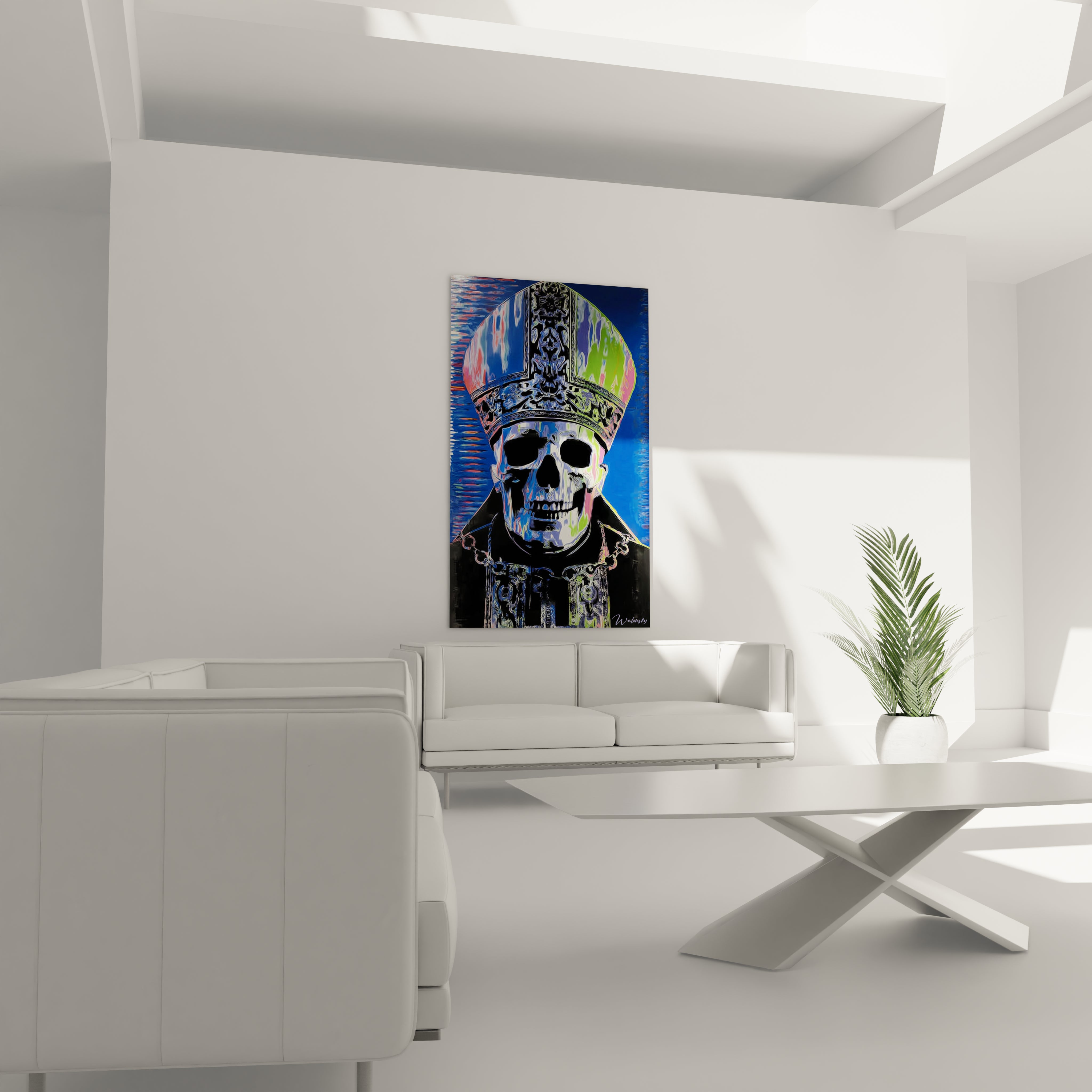 Tableau mural contemporain tableau crâne papal par Walensky montrant un crâne papal coloré sur fond bleu