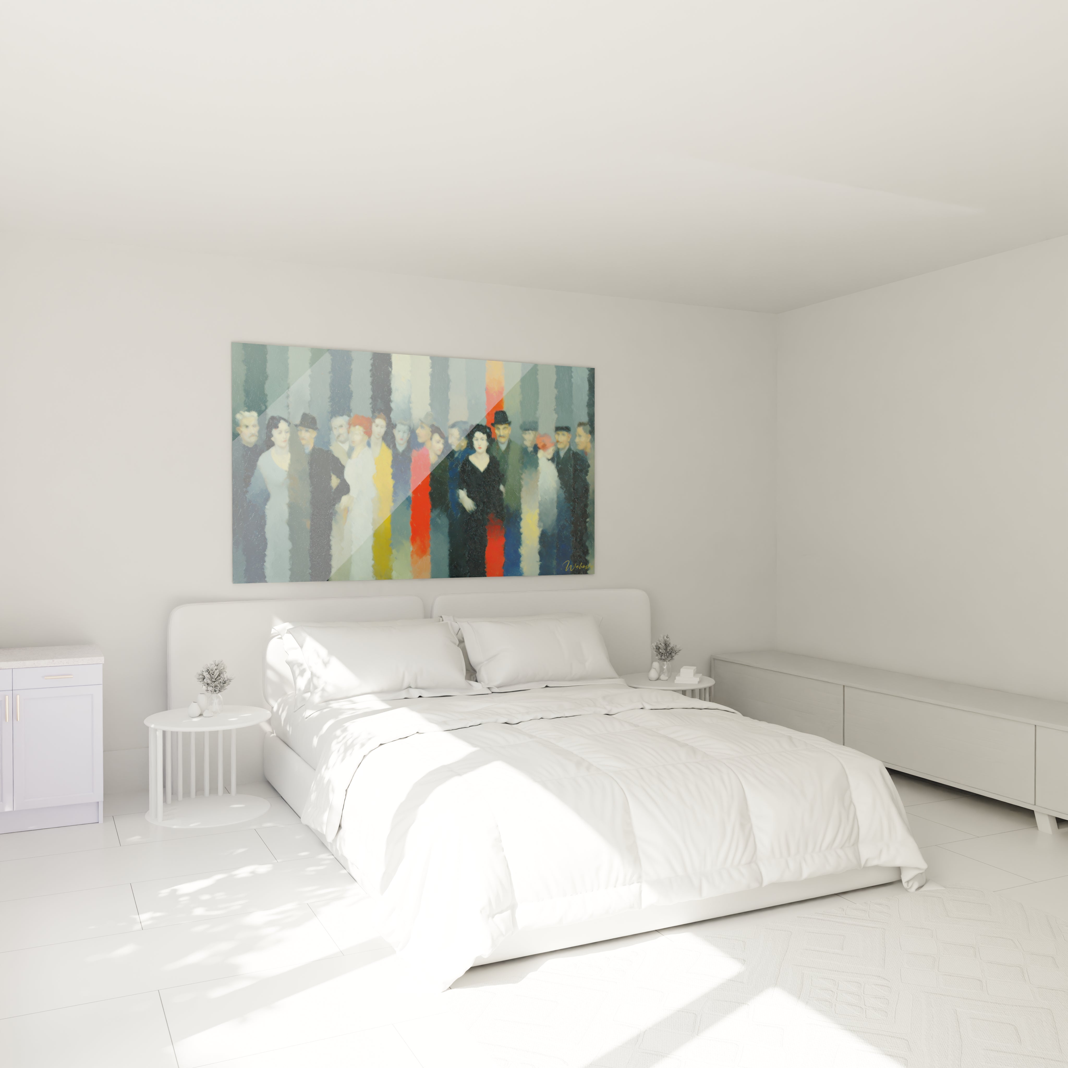 tableau dadaïsme contemporain mural Walensky au dessus du lit dans une chambre minimaliste blanche