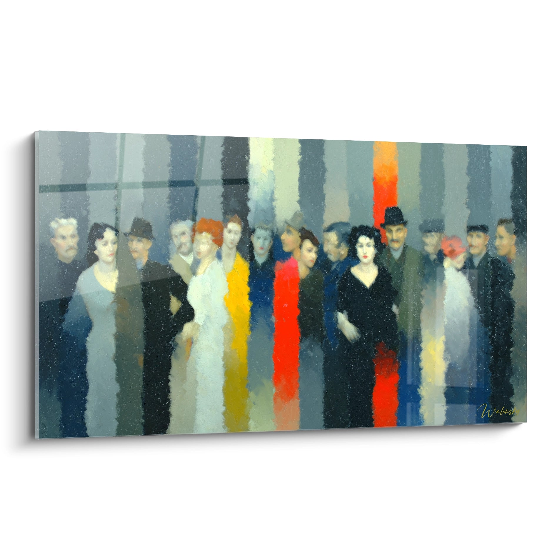 tableau dadaïsme contemporain Walensky peinture murale figurative de groupe stylisée avec bandes verticales colorées