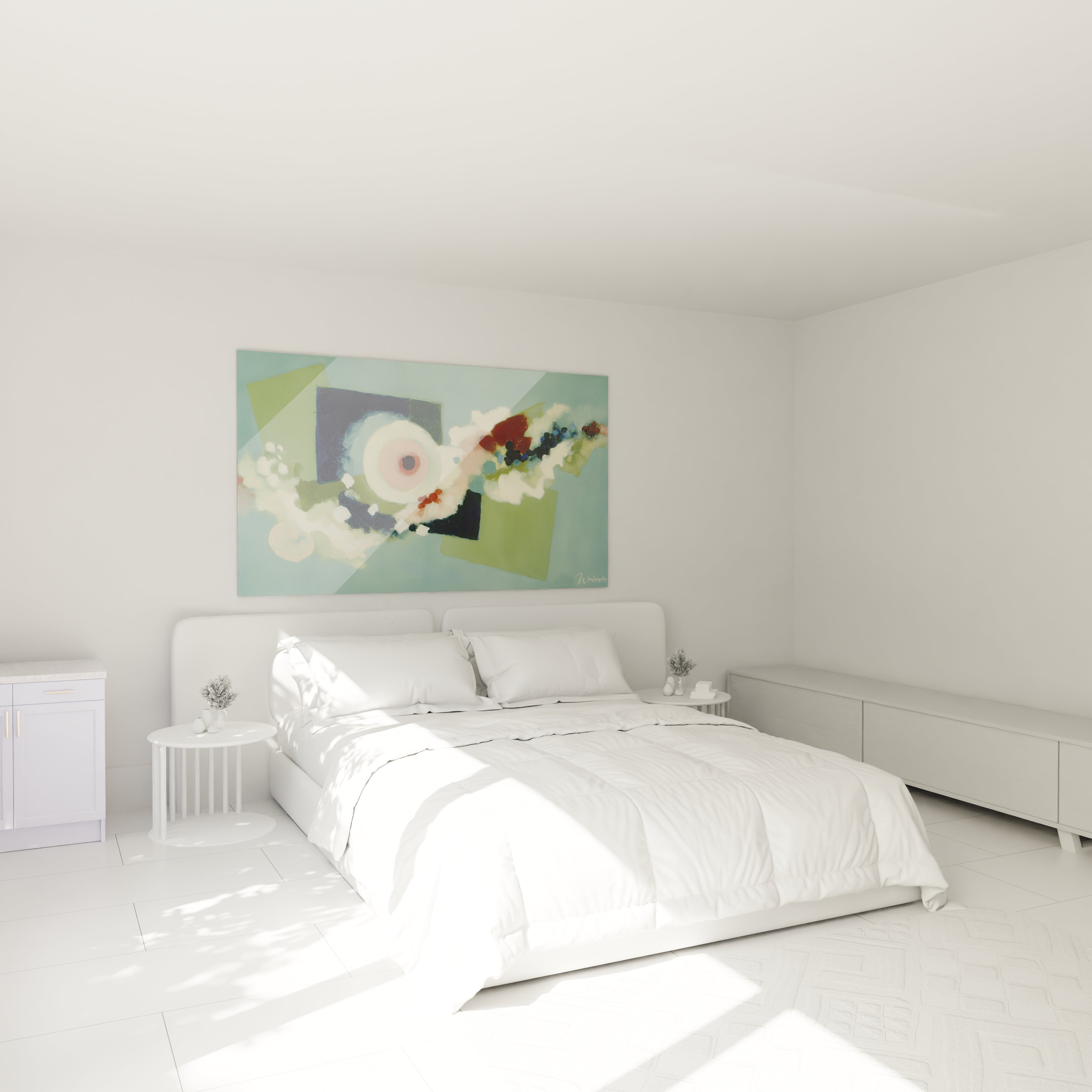 Tableau mural Walensky tableau dadaïsme moderne abstrait vert bleu au dessus d un lit blanc minimaliste dans une chambre lumineuse