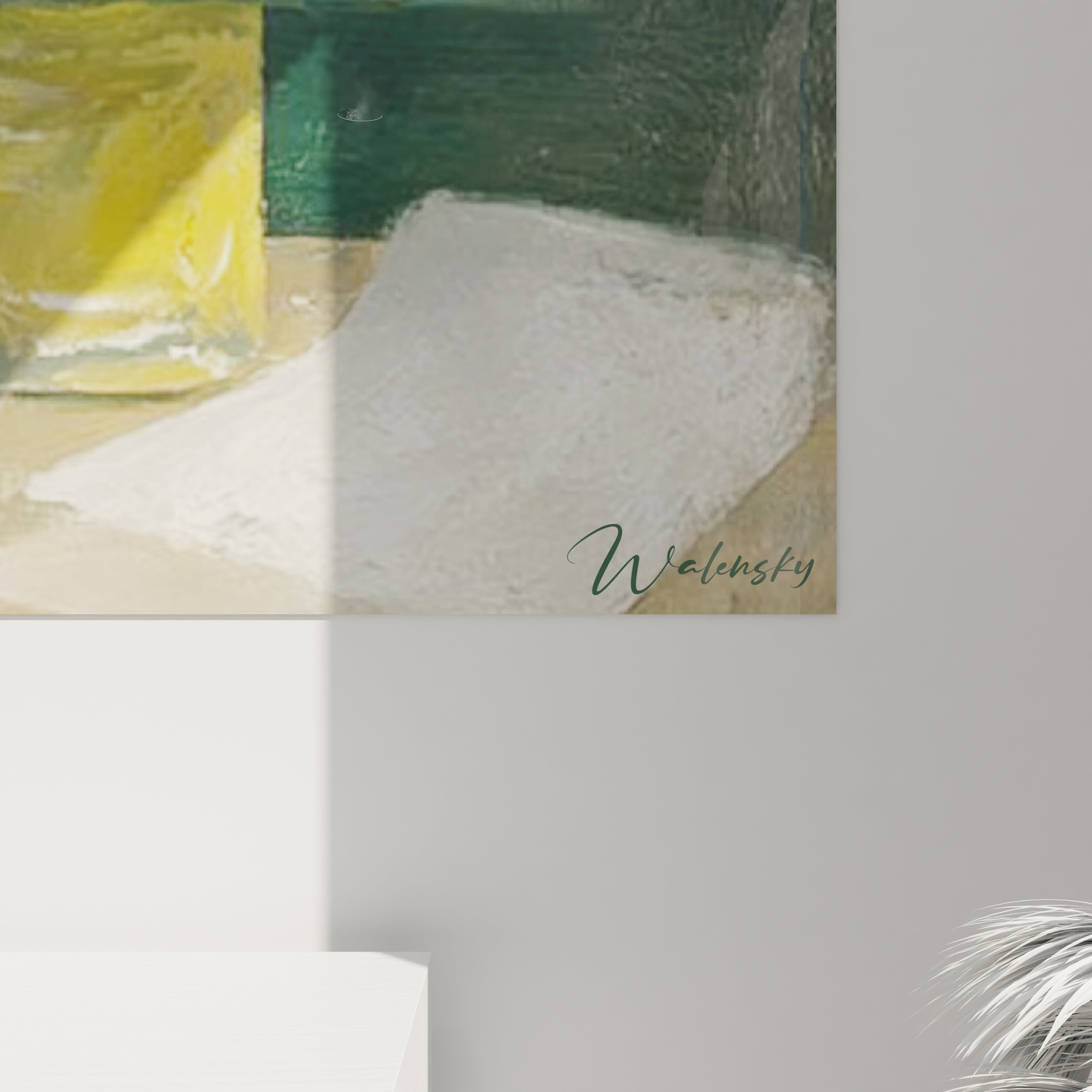Tableau mural Walensky abstrait vert et jaune avec texture visible et signature tableau dadaïsme moderne pour déco
