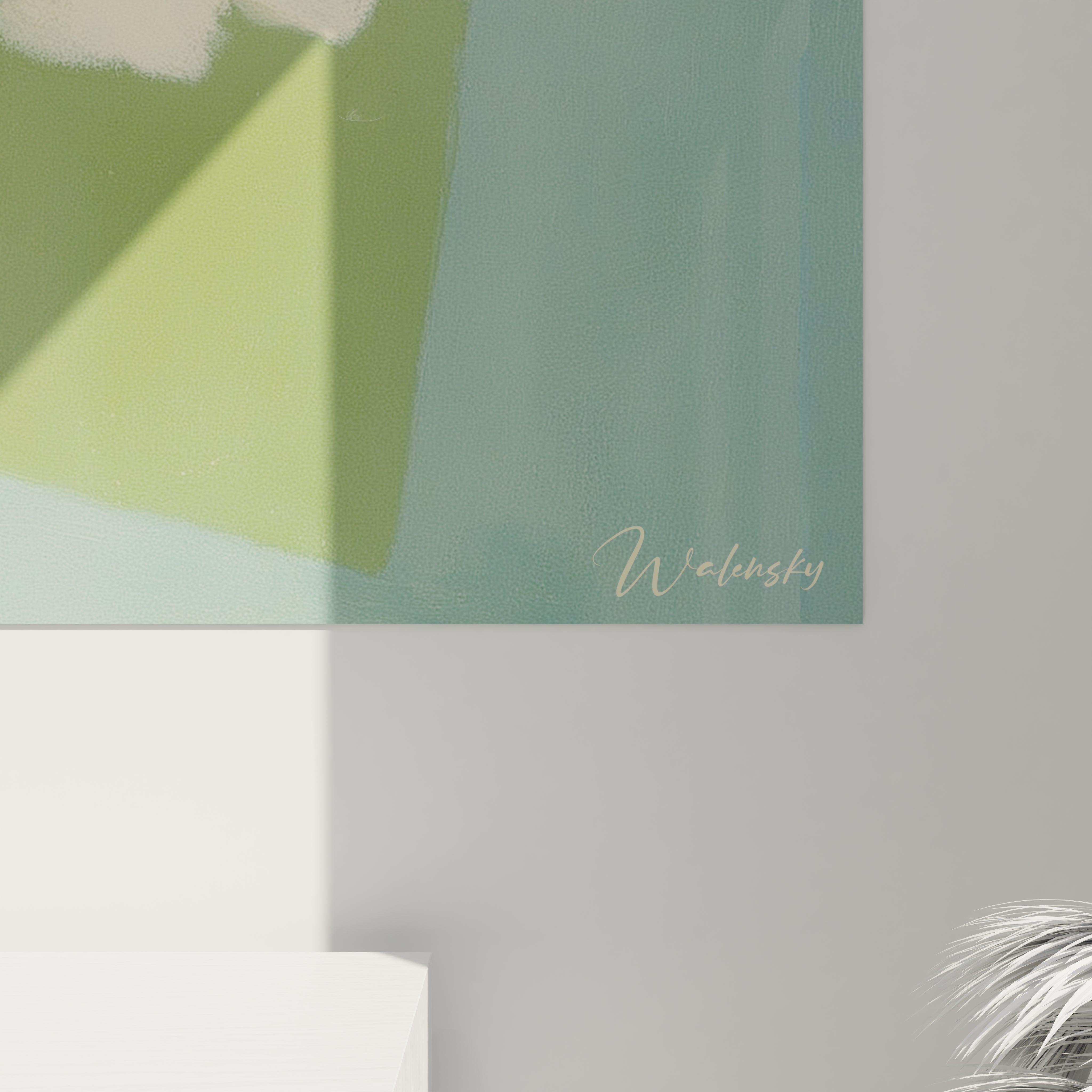 tableau dadaïsme moderne mural Walensky peinture abstraite tons verts et bleus coin signe minimaliste eclairage naturel