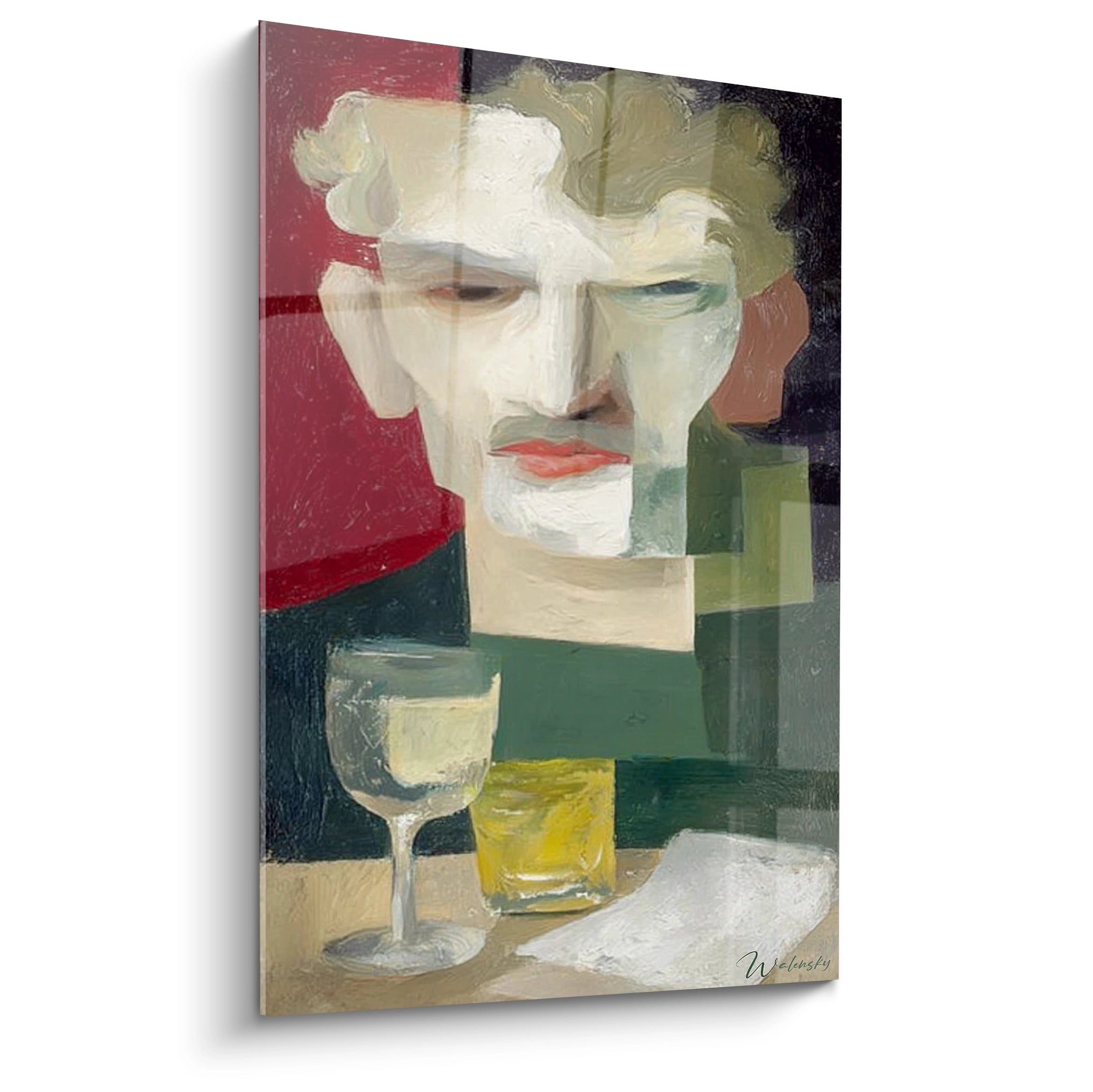 tableau dadaïsme moderne Walensky portrait abstrait d'homme avec verres sur table et fond géométrique